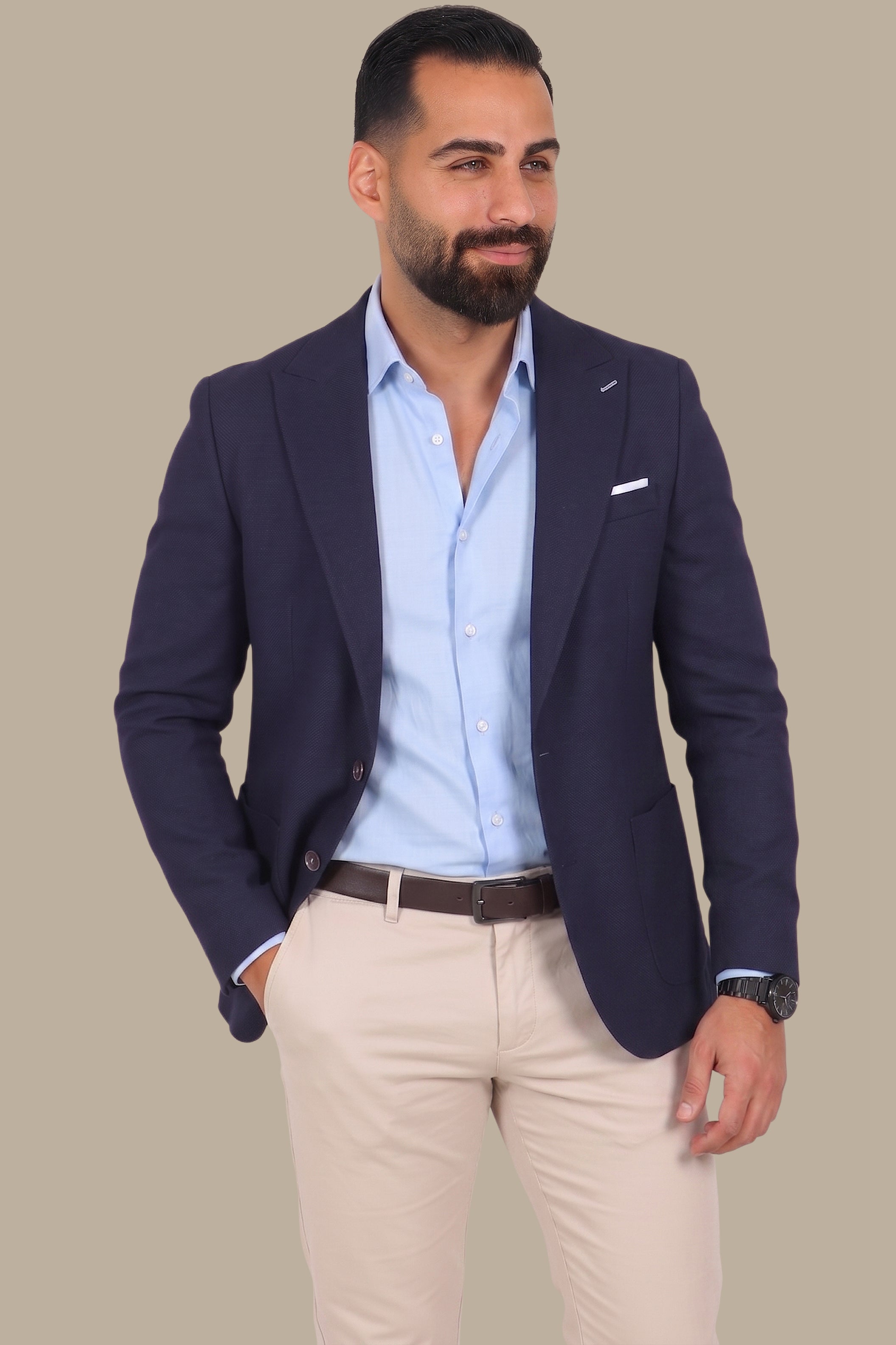 Dark Navy Piquet Blazer with Peak Lapel