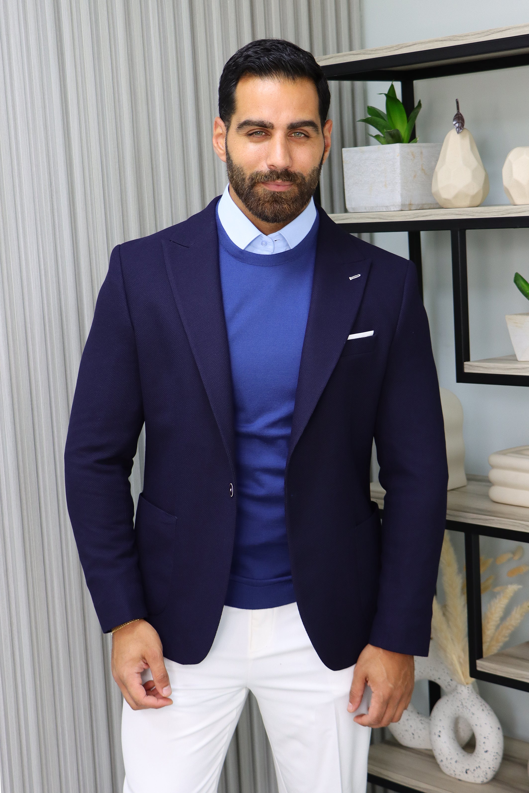 Dark Navy Piquet Blazer with Peak Lapel