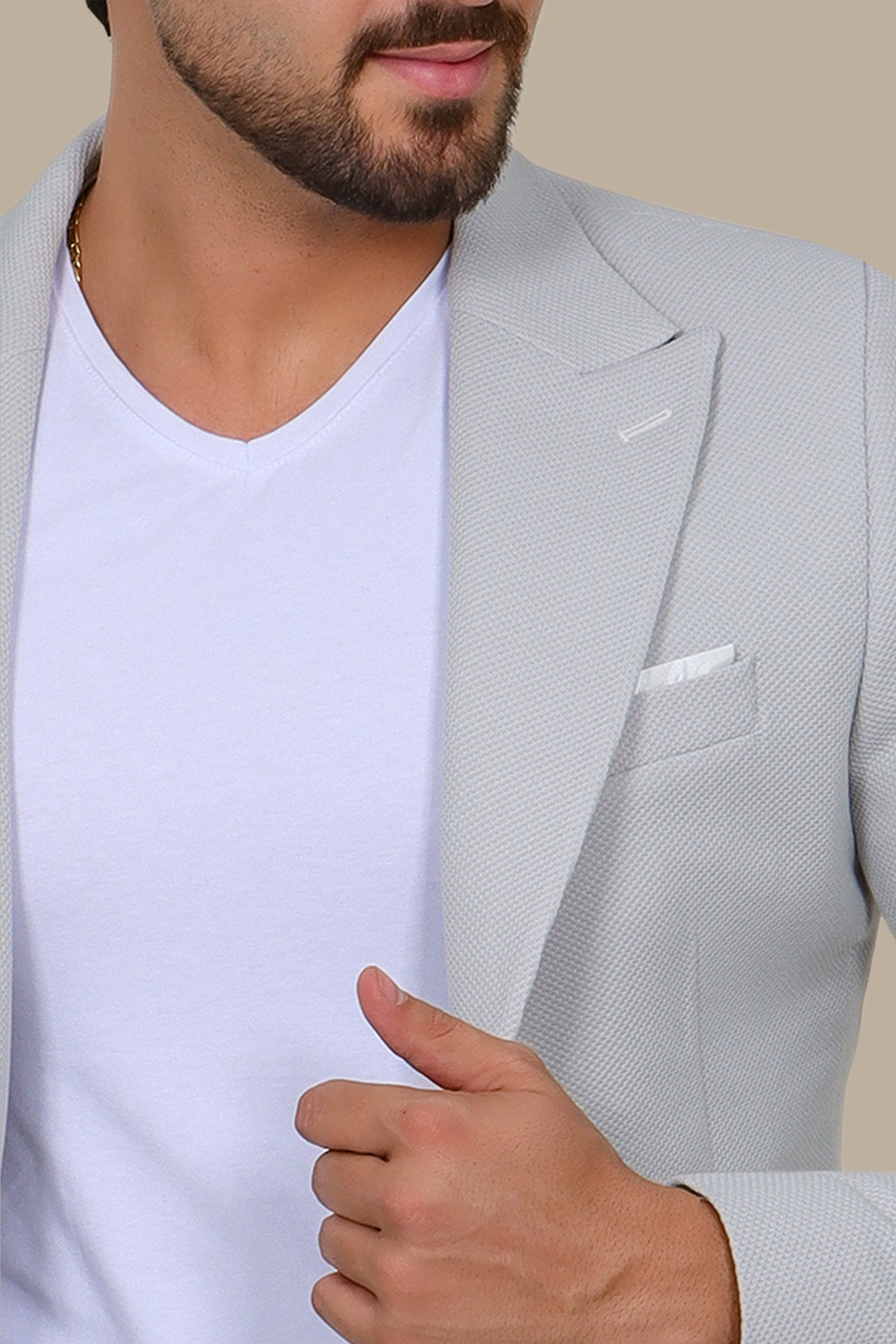 Light Grey Piquet Blazer with Peak Lapel