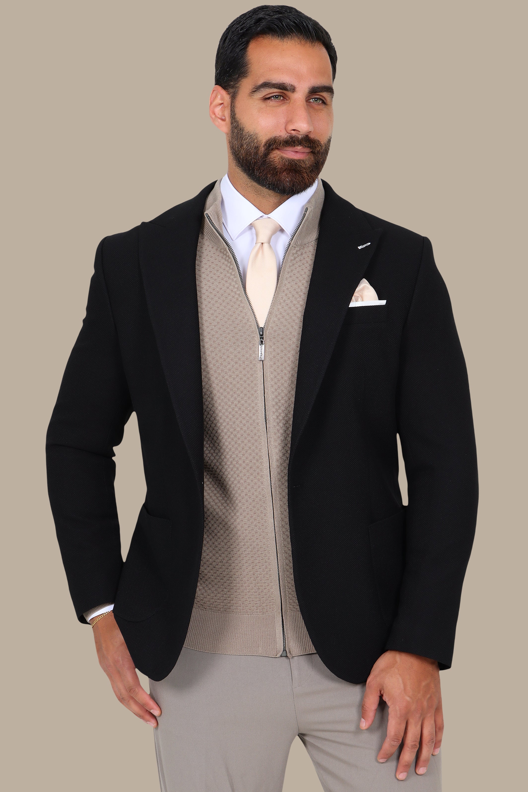 Black Piquet Blazer with Peak Lapel