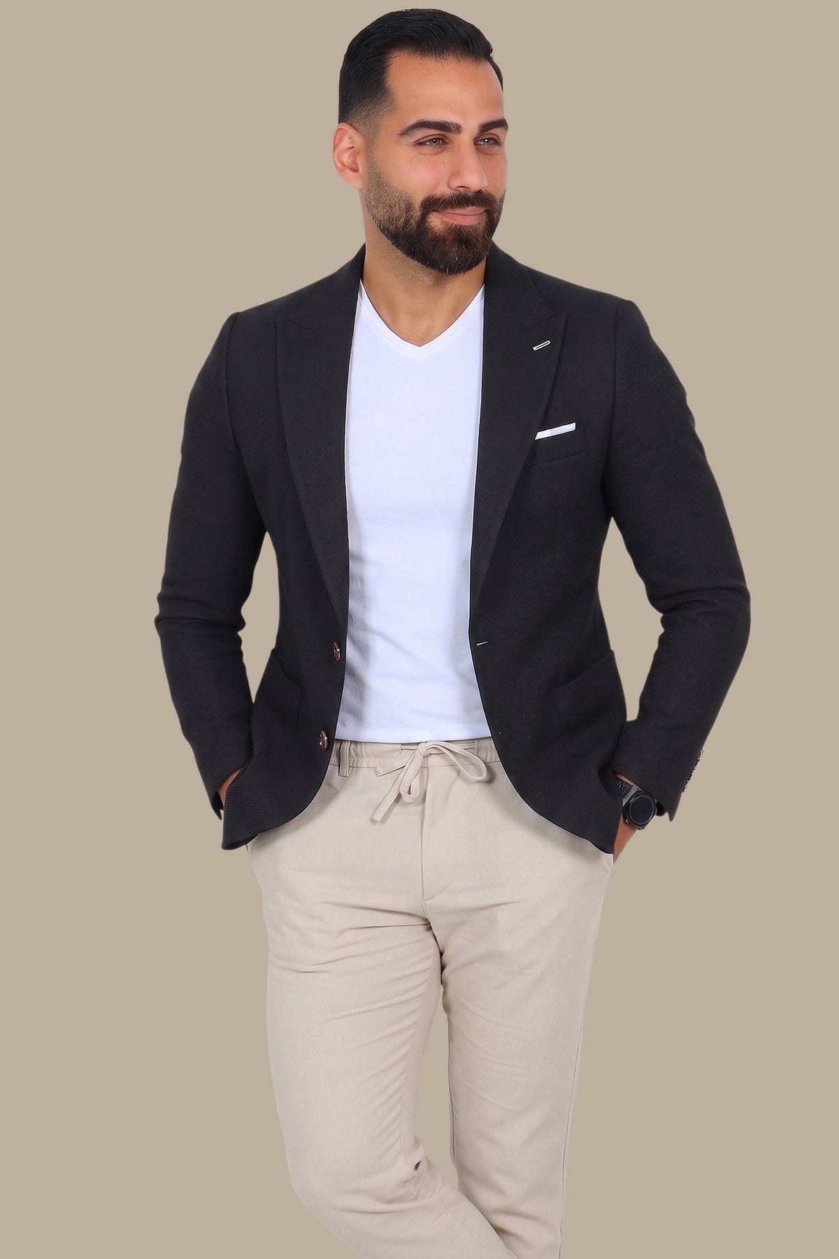 Black Piquet Blazer with Peak Lapel