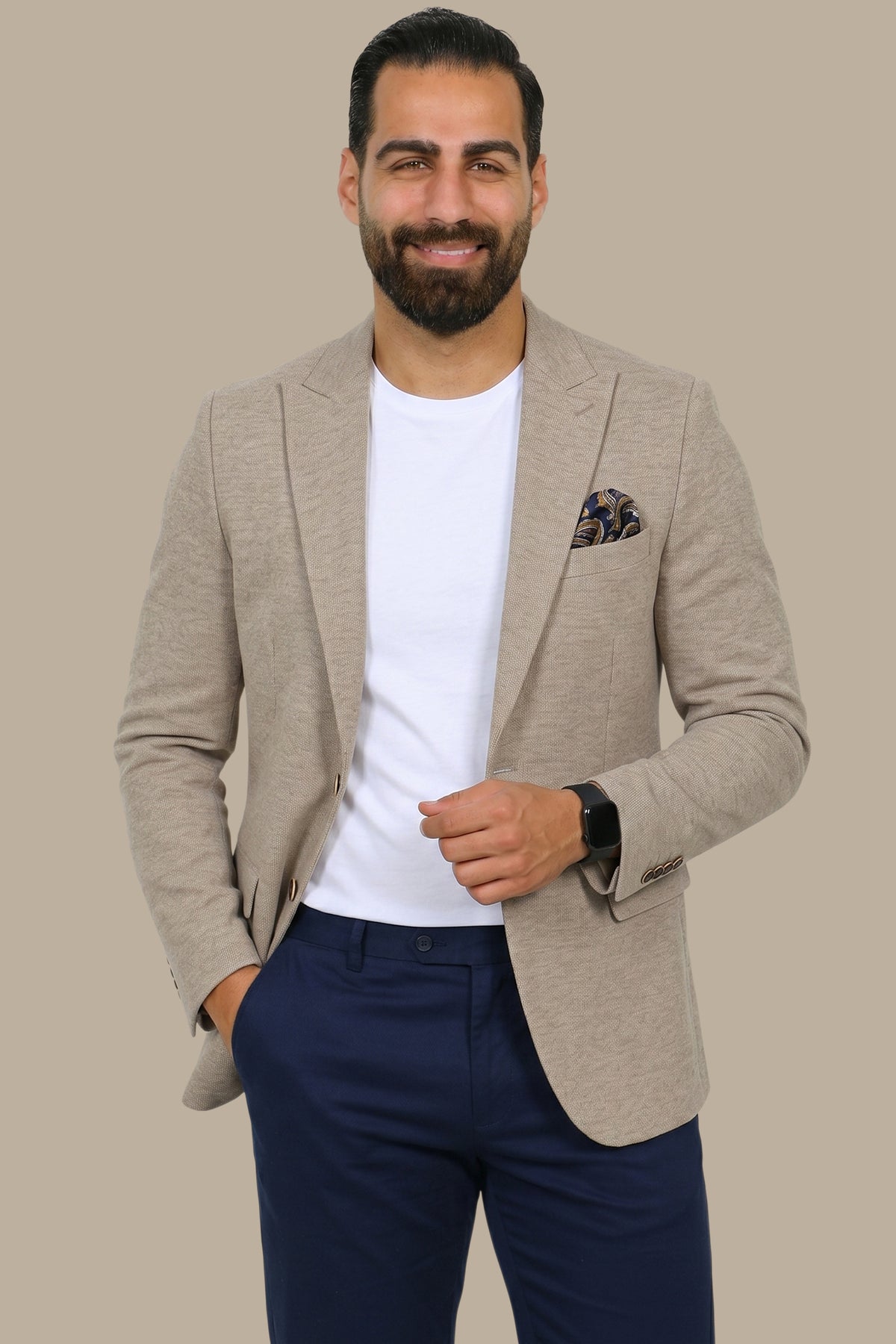 Beige Corduroy Slim Fit Blazer with Peak Lapel
