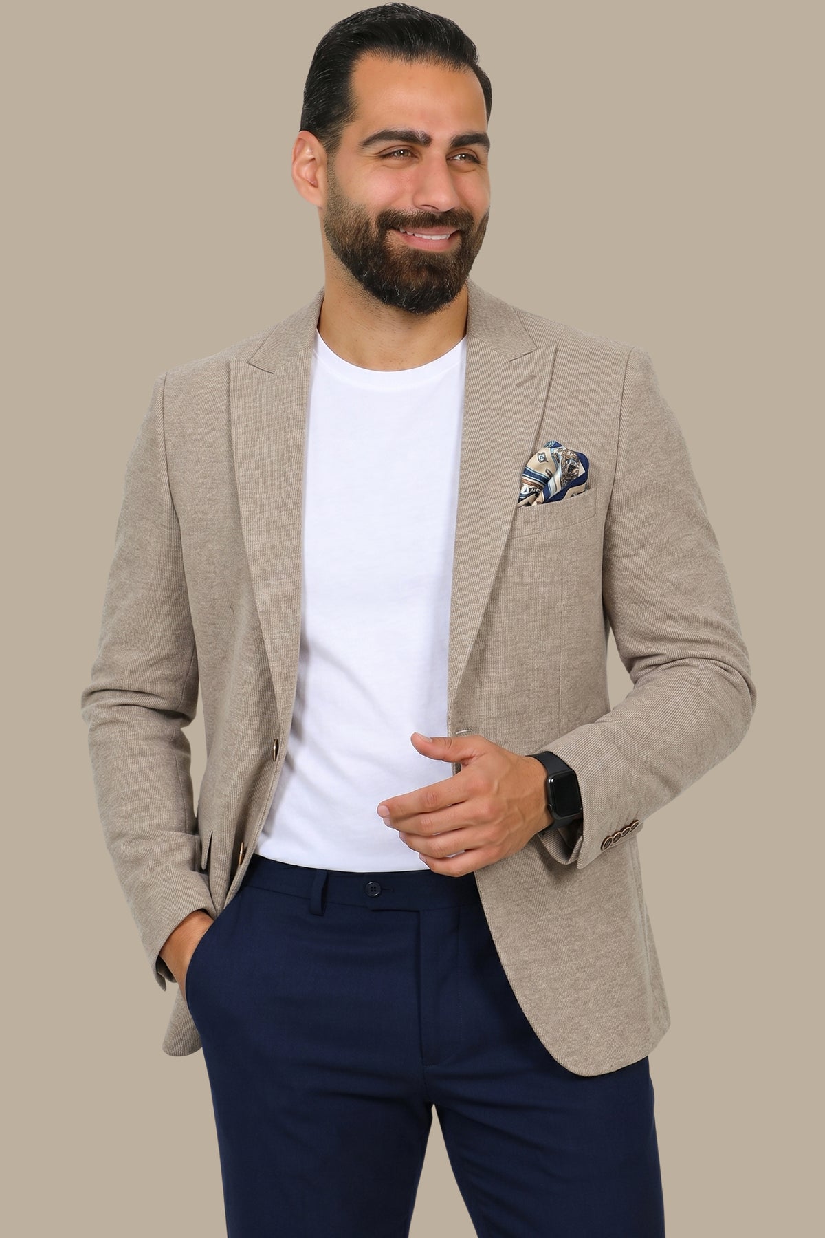 Beige Corduroy Slim Fit Blazer with Peak Lapel