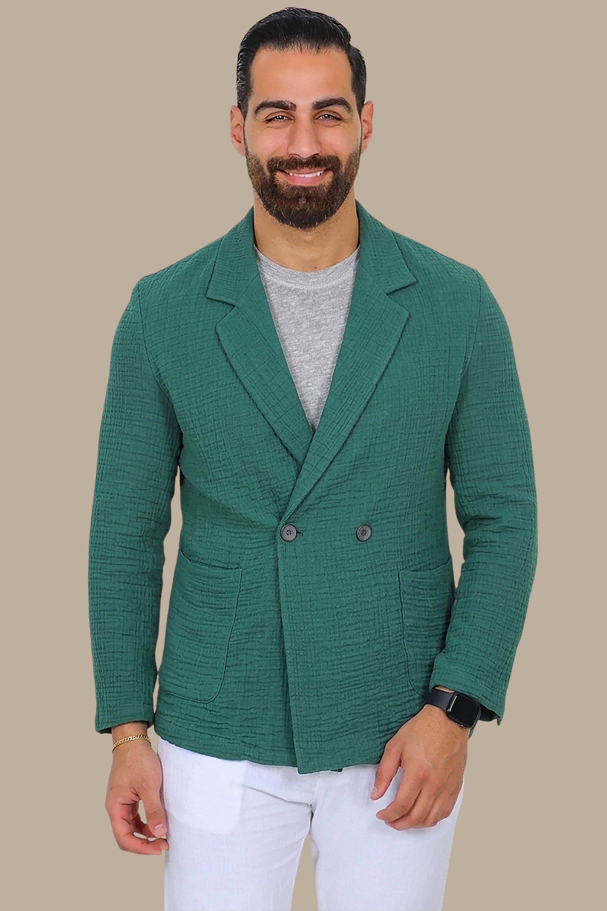 Green Linen Double-Breasted Blazer with Notch Lapel