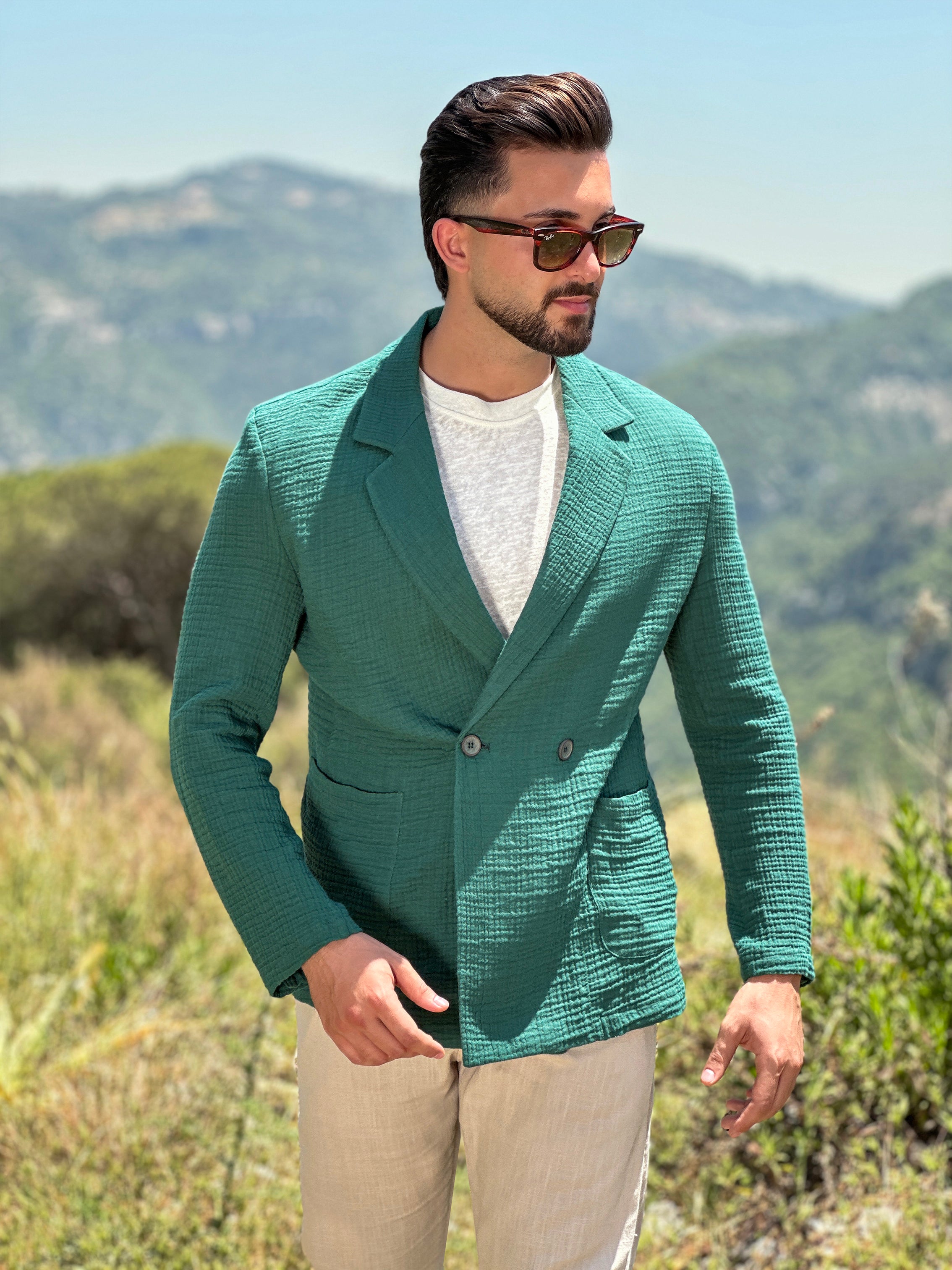 Green Linen Double-Breasted Blazer with Notch Lapel