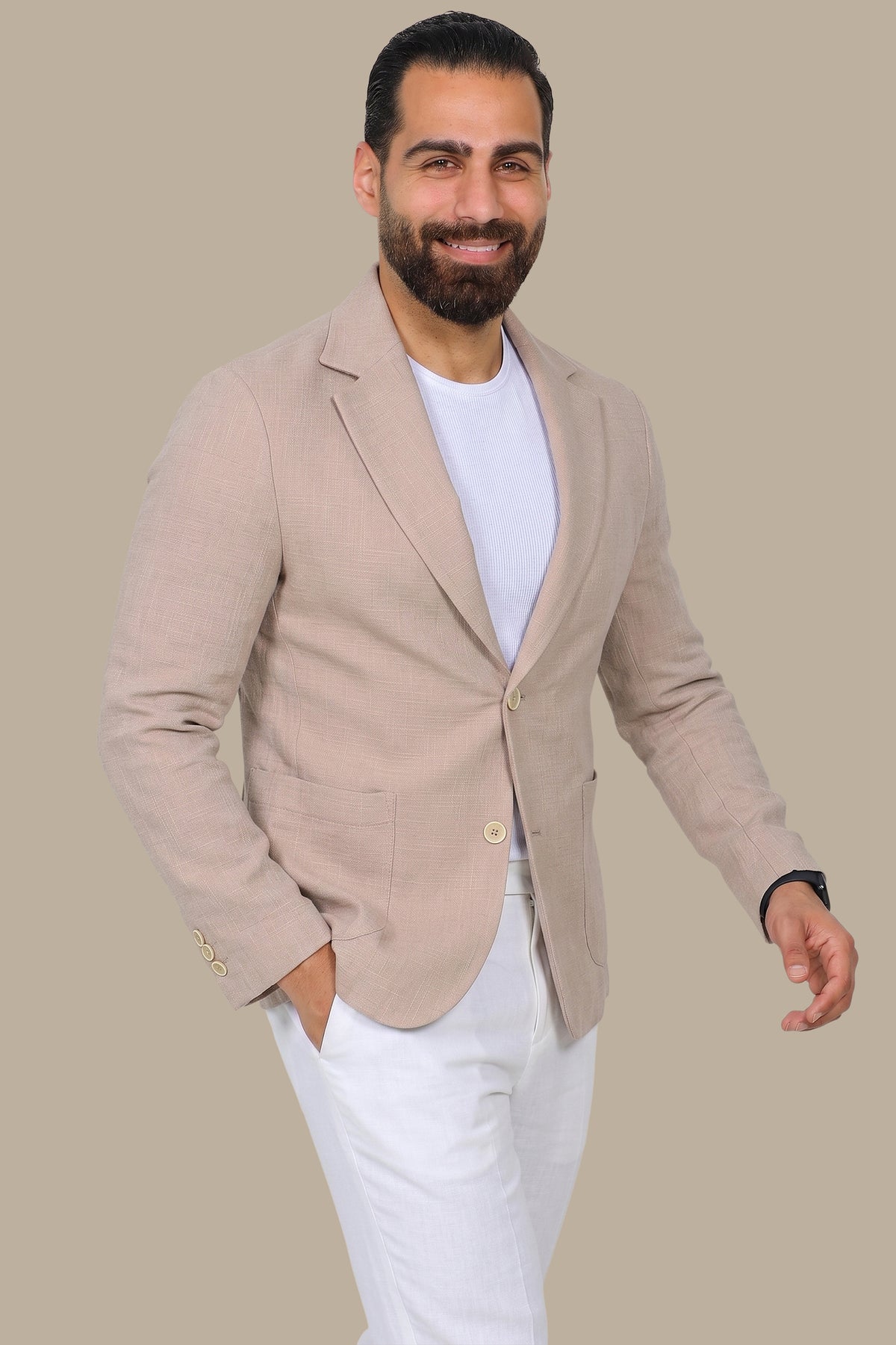 Beige Linen Blazer with Notch Lapel