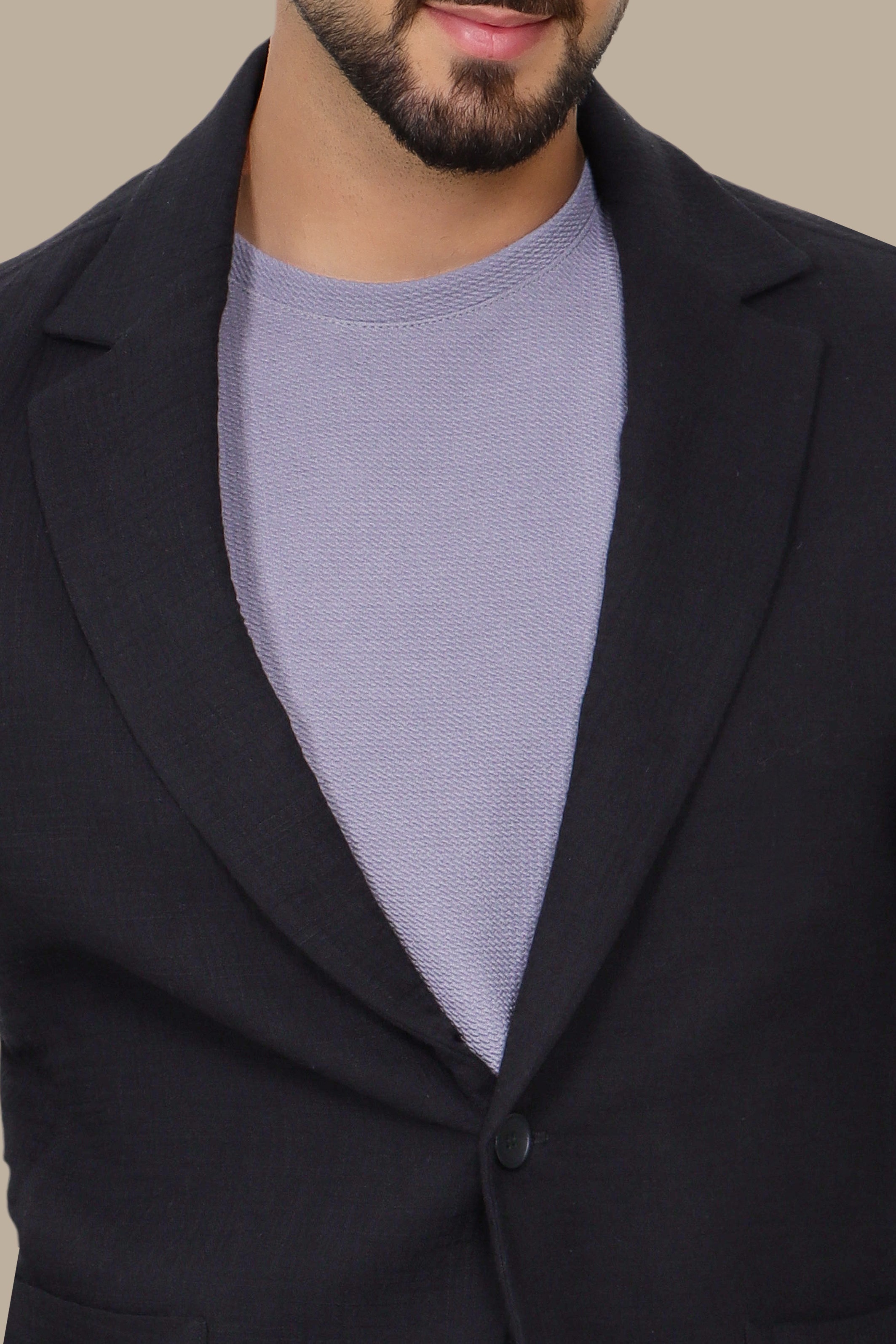 Black Linen Blazer with Notch Lapel