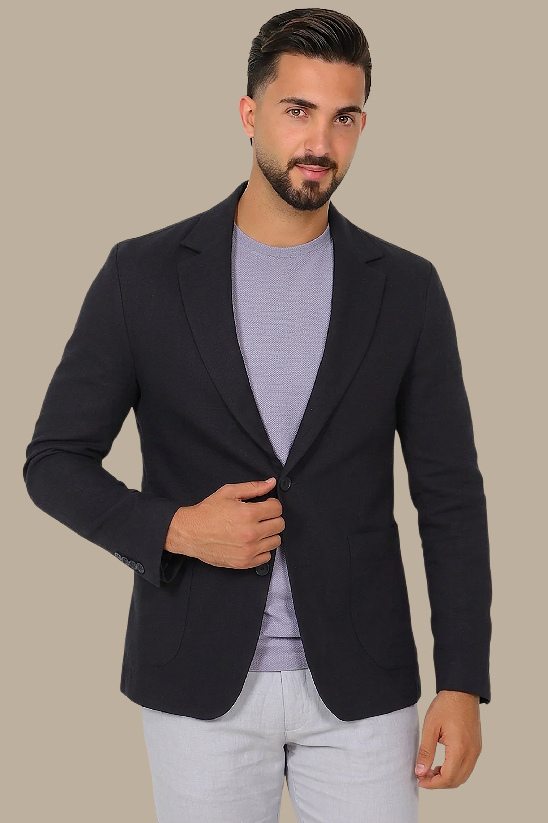 Black Linen Blazer with Notch Lapel