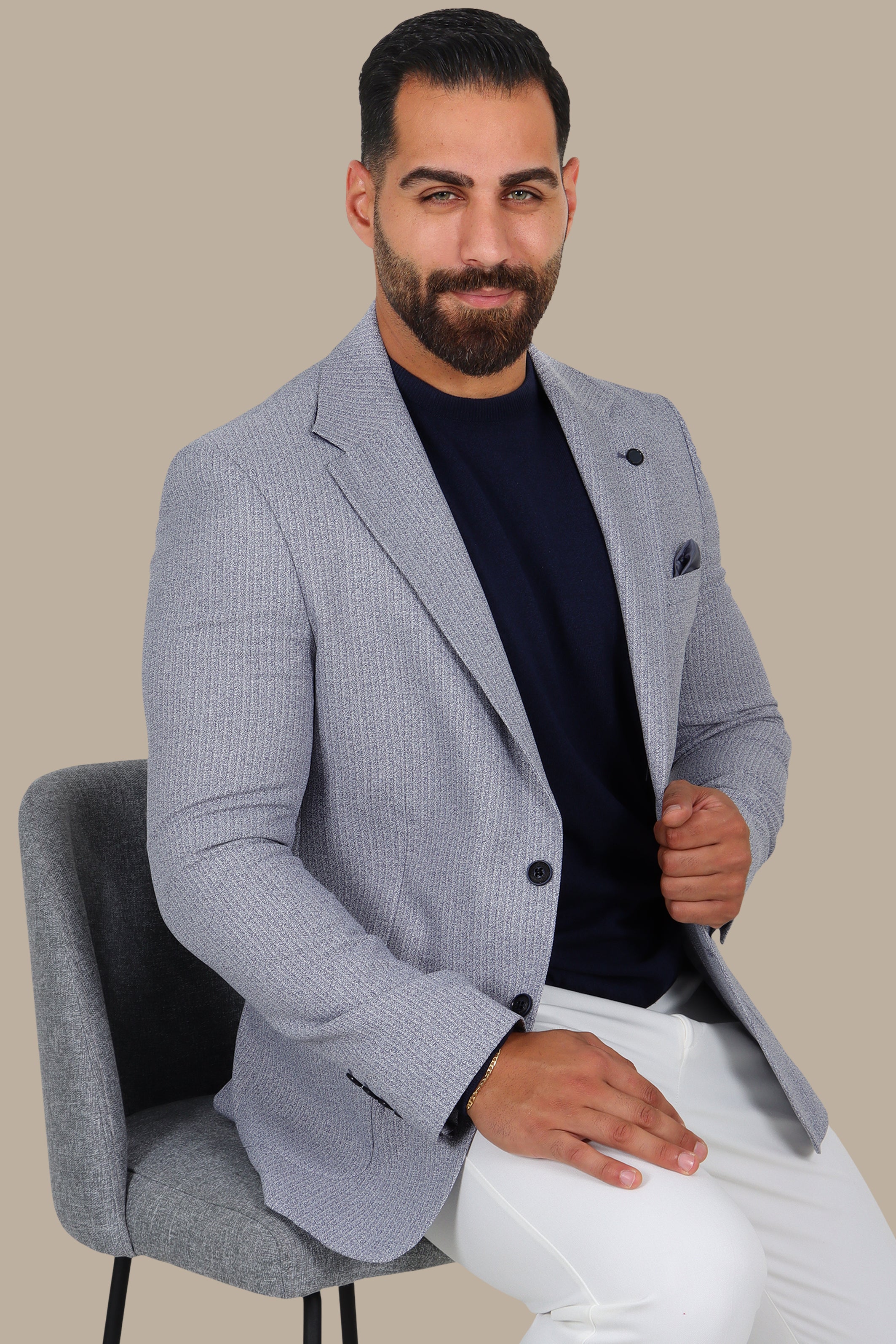 Grey Striped Blazer with Notch Lapel