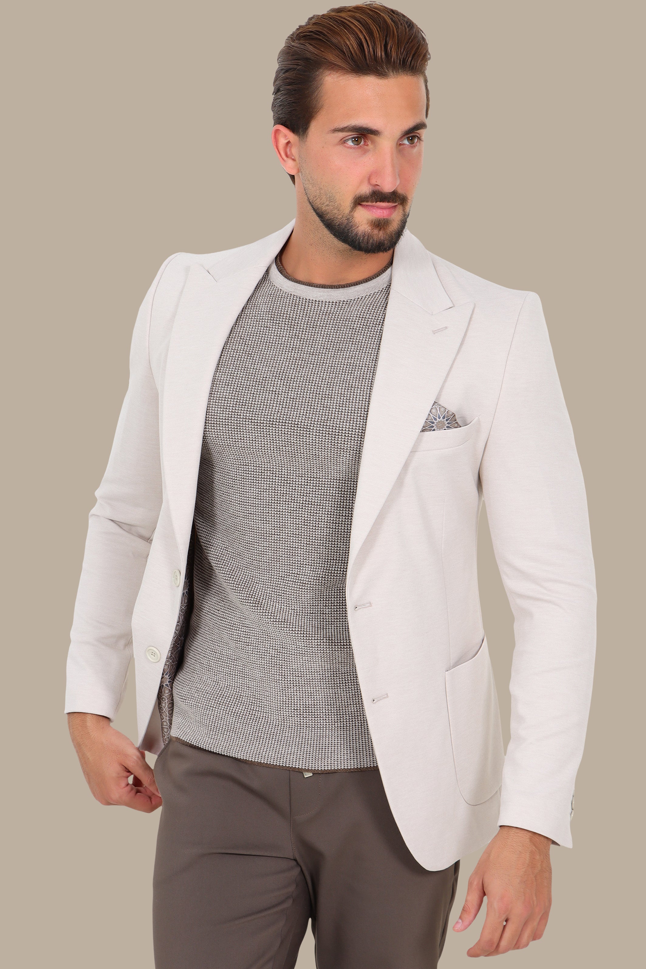 Peak Lapel Piquet Blazer Beige