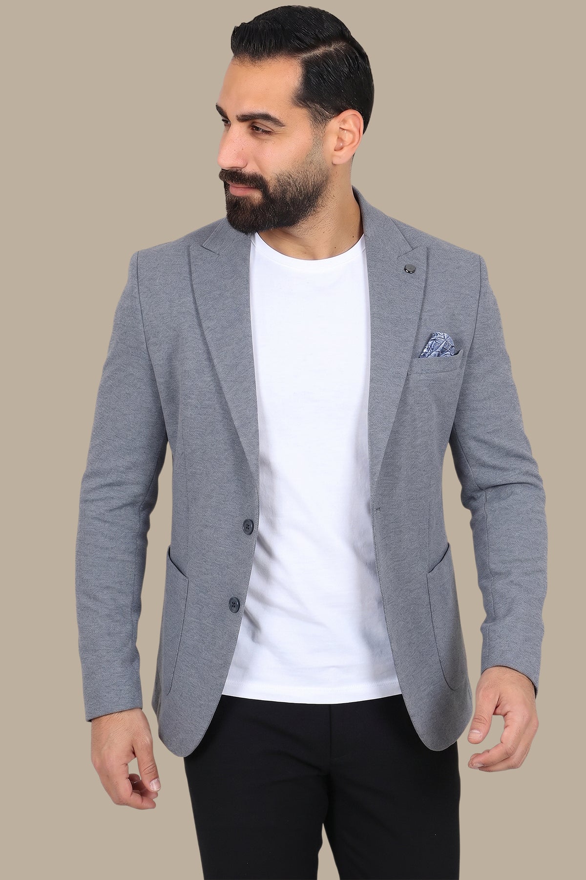 Grey Piquet Blazer with Peak Lapel