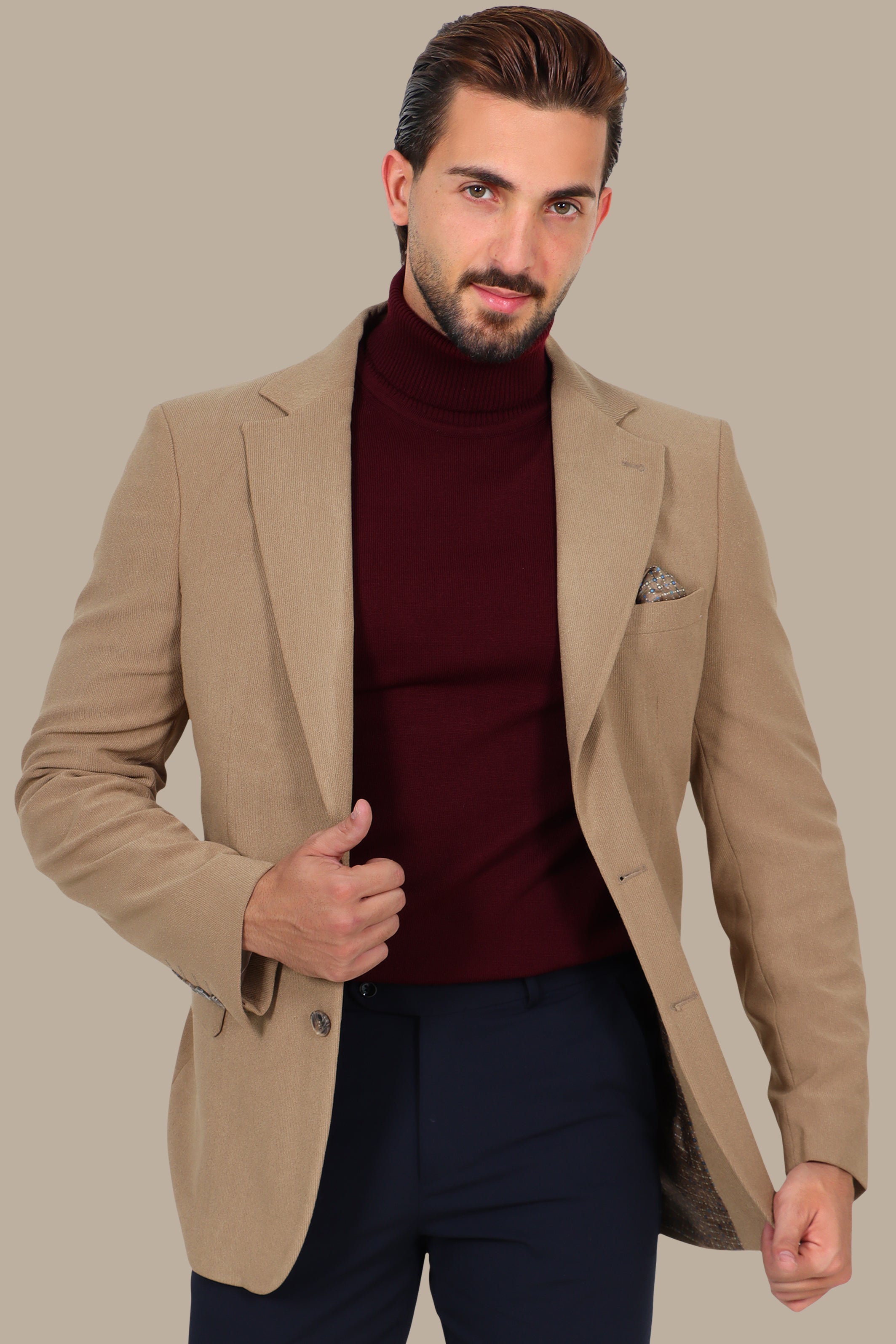 Slim Corduroy Notch Lapel Blazer Beige