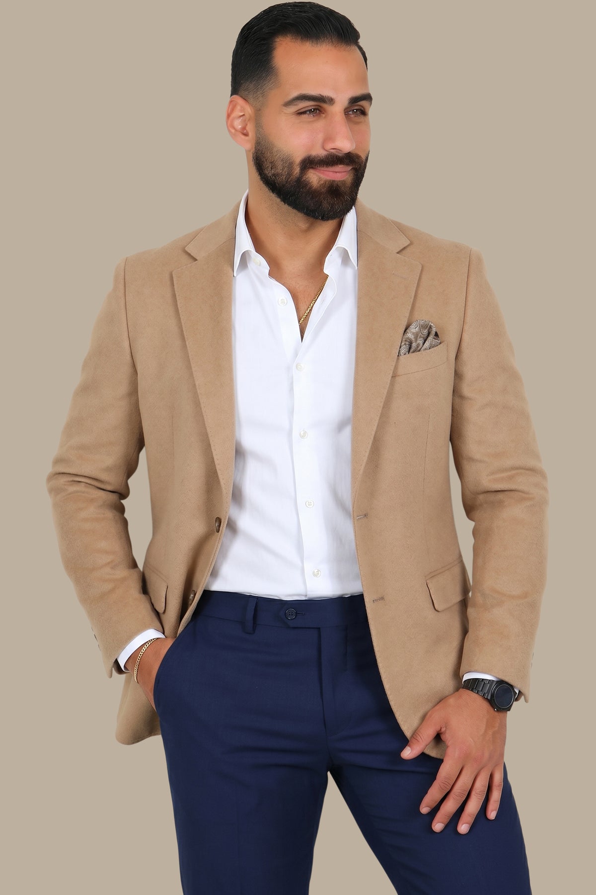 Slim Corduroy Notch Lapel Blazer Beige