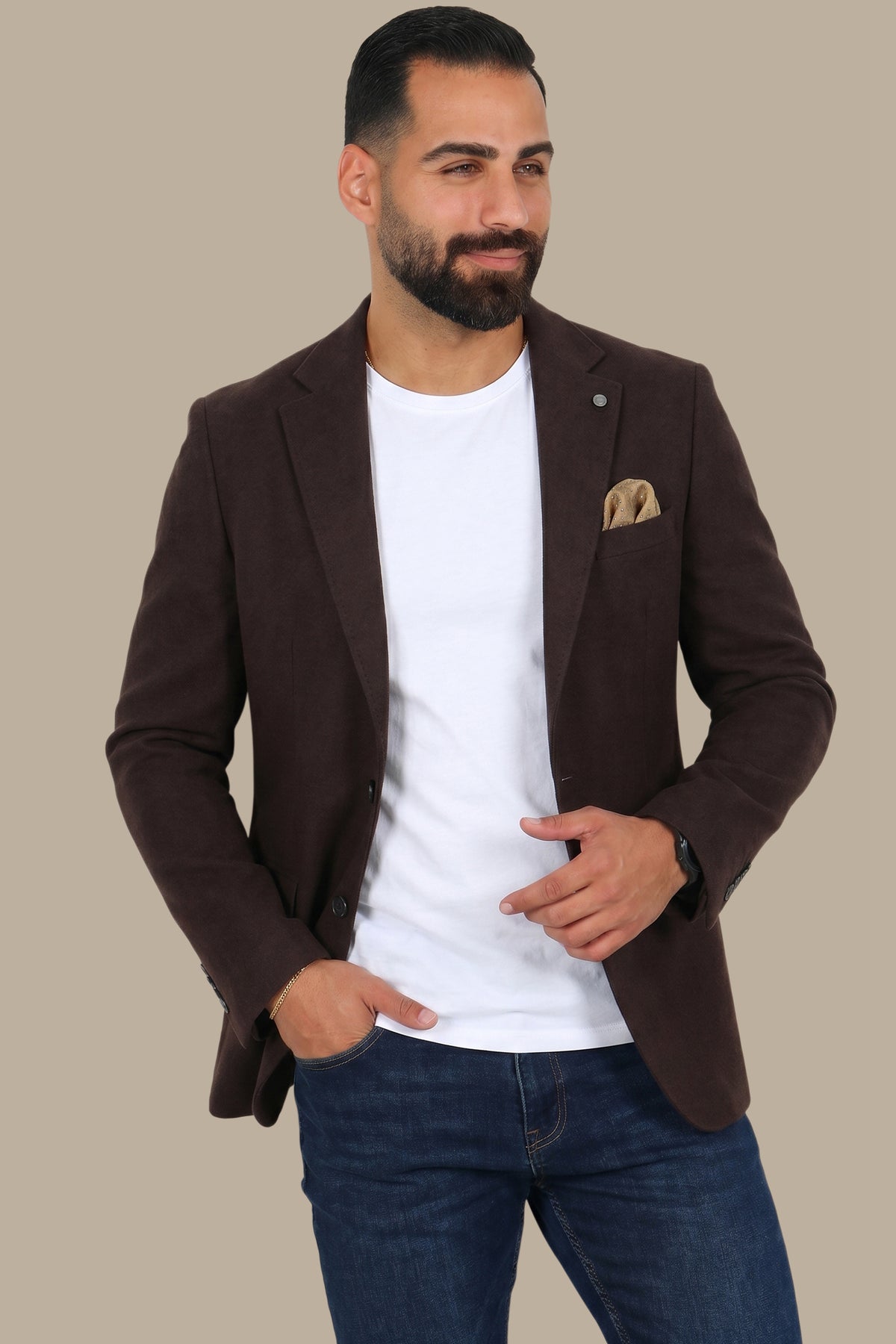 Brown Slim Corduroy Blazer with Notch Lapel