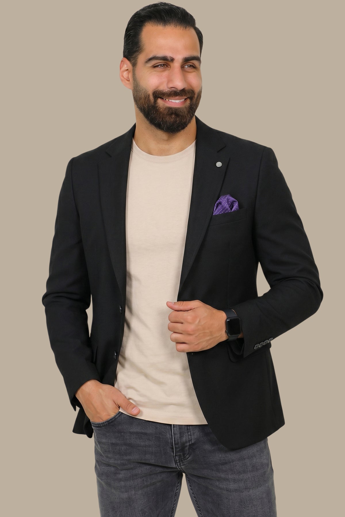 Slim Corduroy Blazer with Notch Lapel in Black