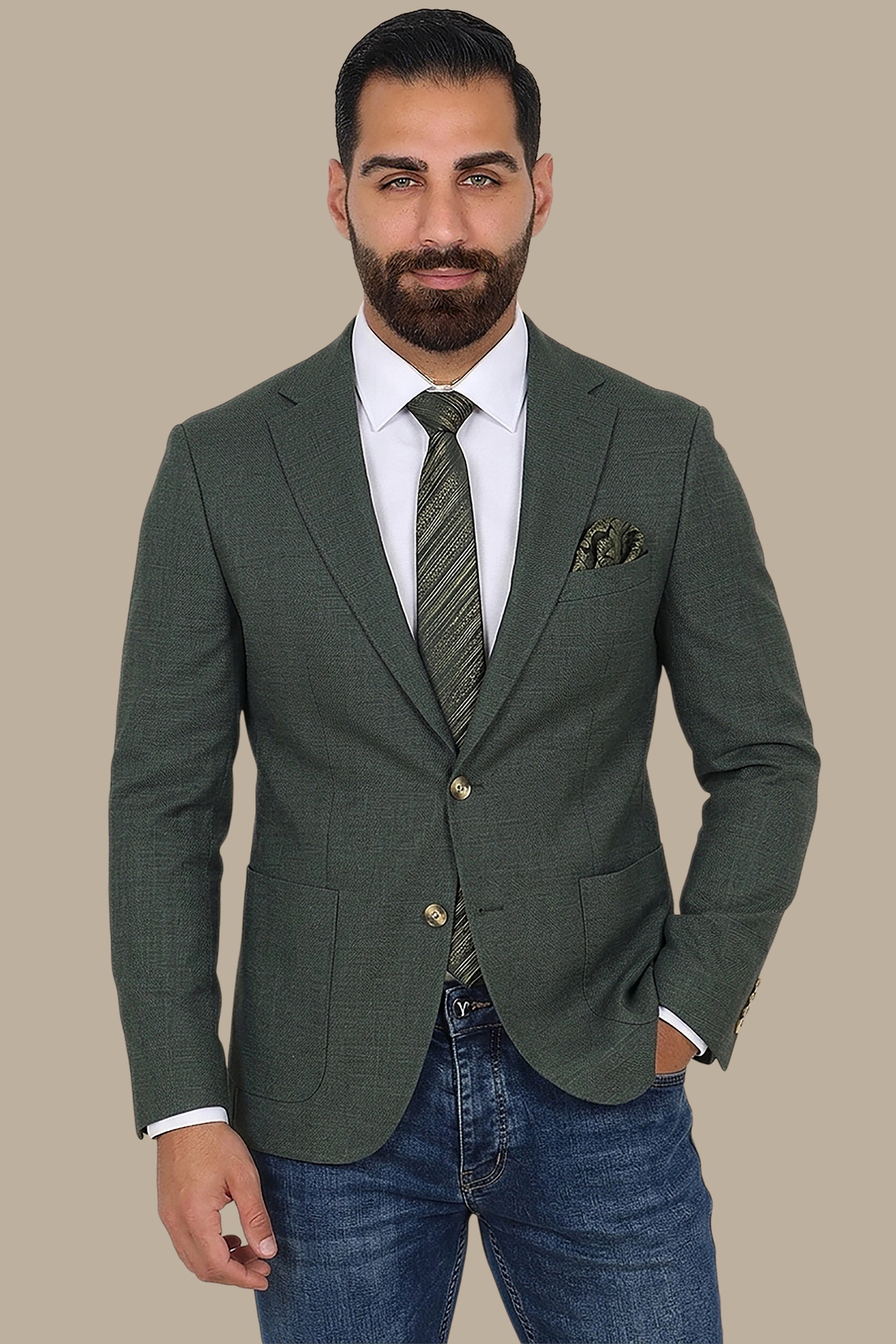 Green Structured Notch Lapel Blazer