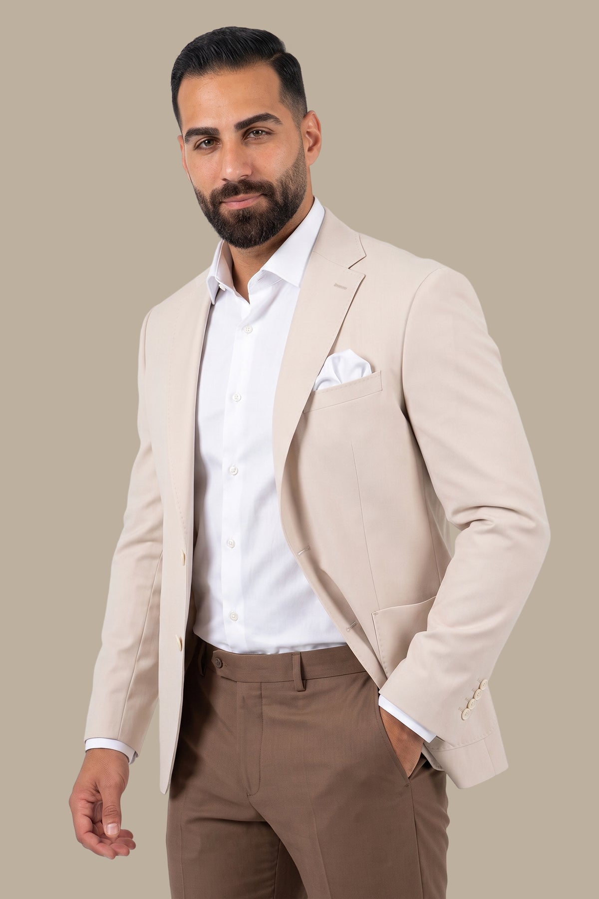 Beige Full Lycra Notch Lapel Blazer