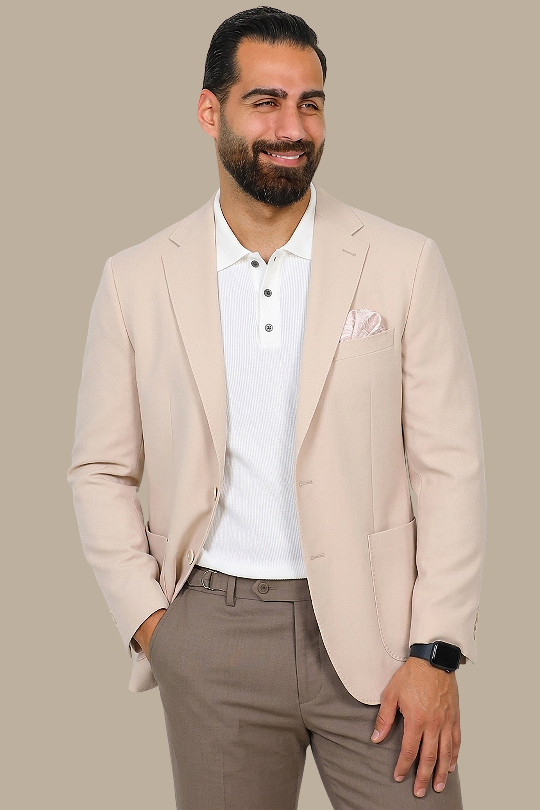 Beige Full Lycra Notch Lapel Blazer