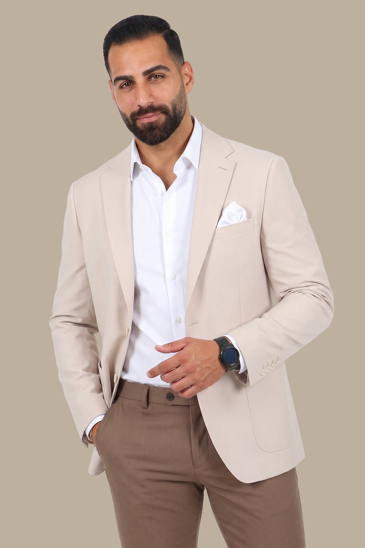 Beige Full Lycra Notch Lapel Blazer