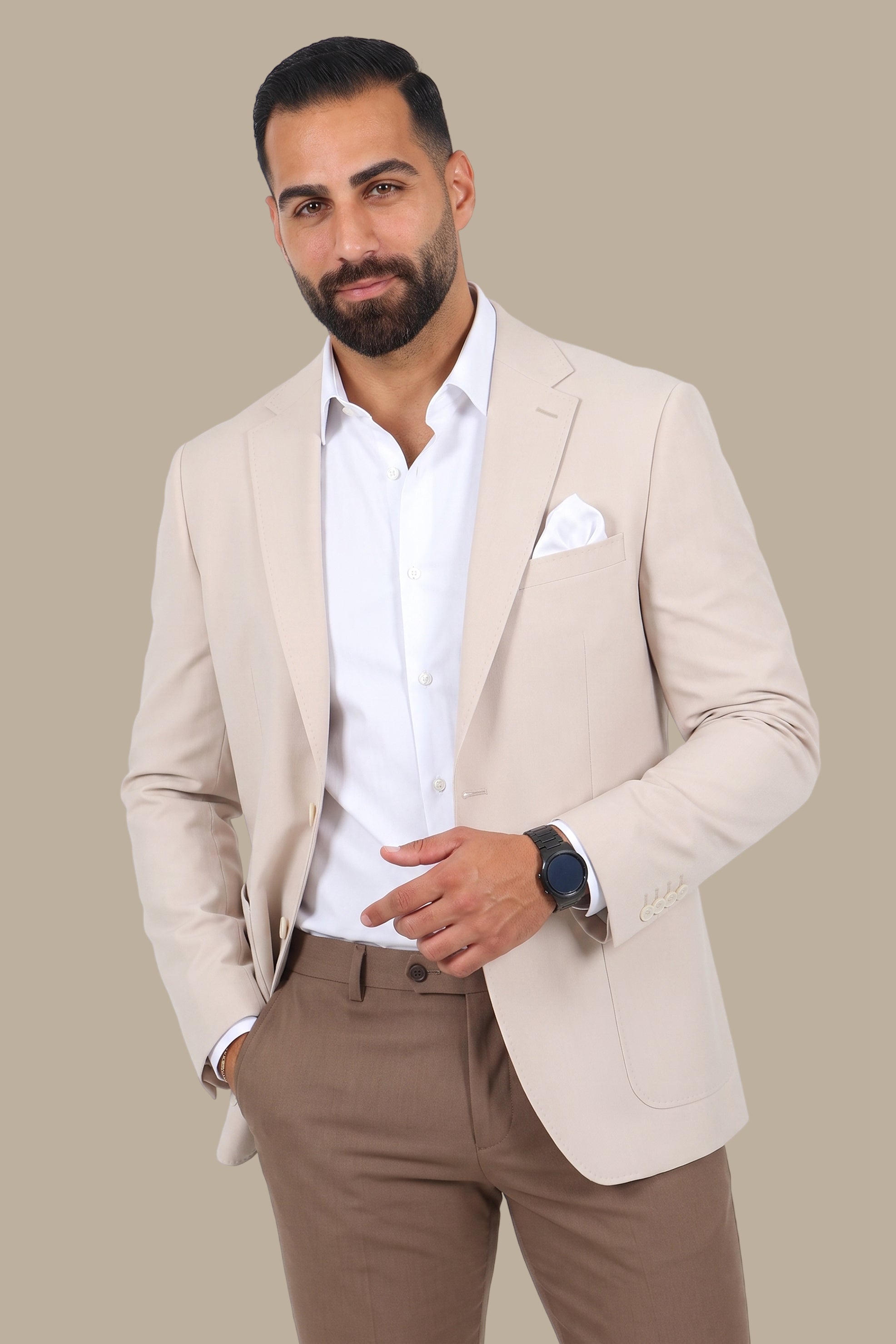 Beige Full Lycra Notch Lapel Blazer