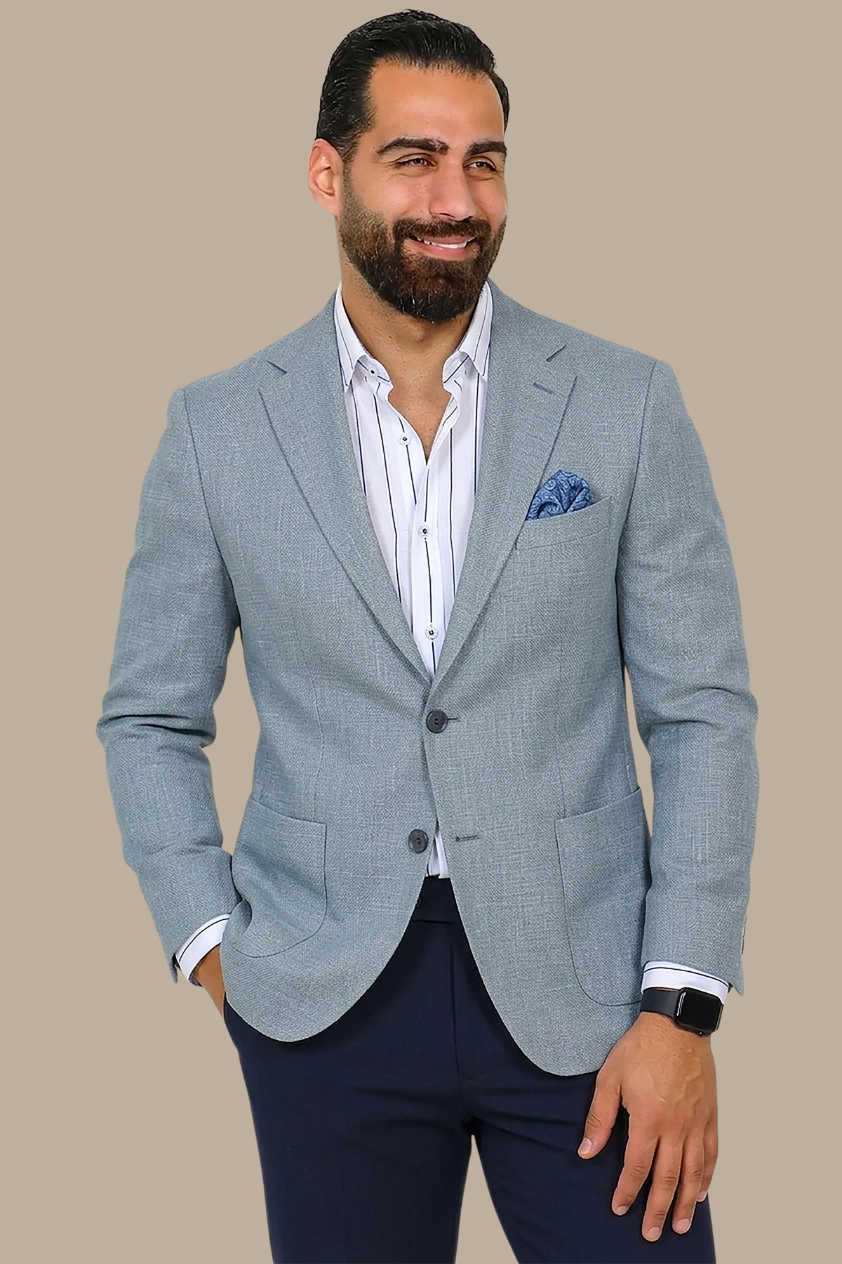 Light Blue Fil à Fil Structured Notch Lapel Blazer