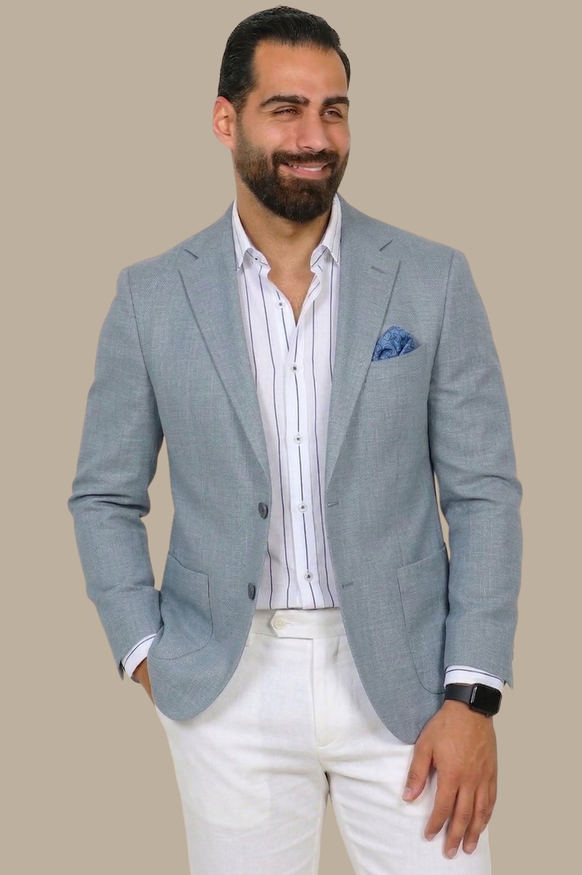 Light Blue Fil à Fil Structured Notch Lapel Blazer