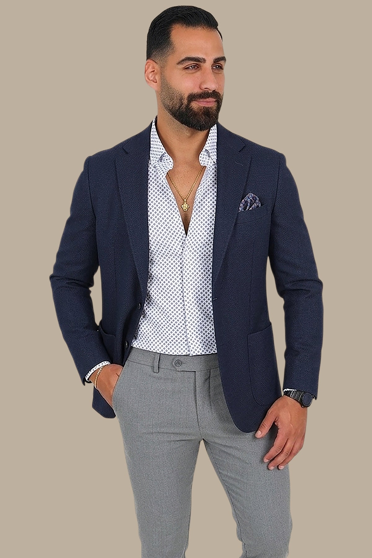 Navy Fil à Fil Structured Notch Lapel Blazer
