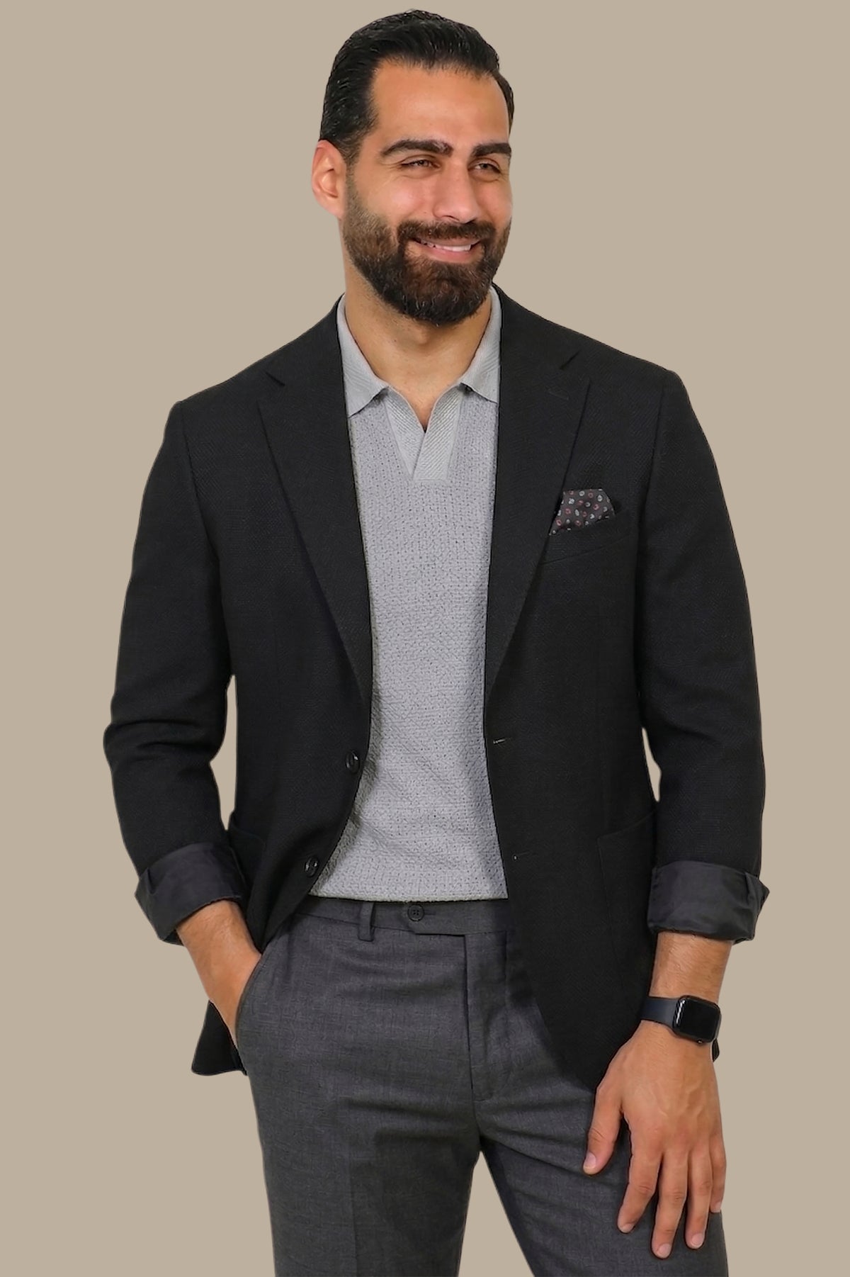 Black Fil à Fil Structured Notch Lapel Blazer