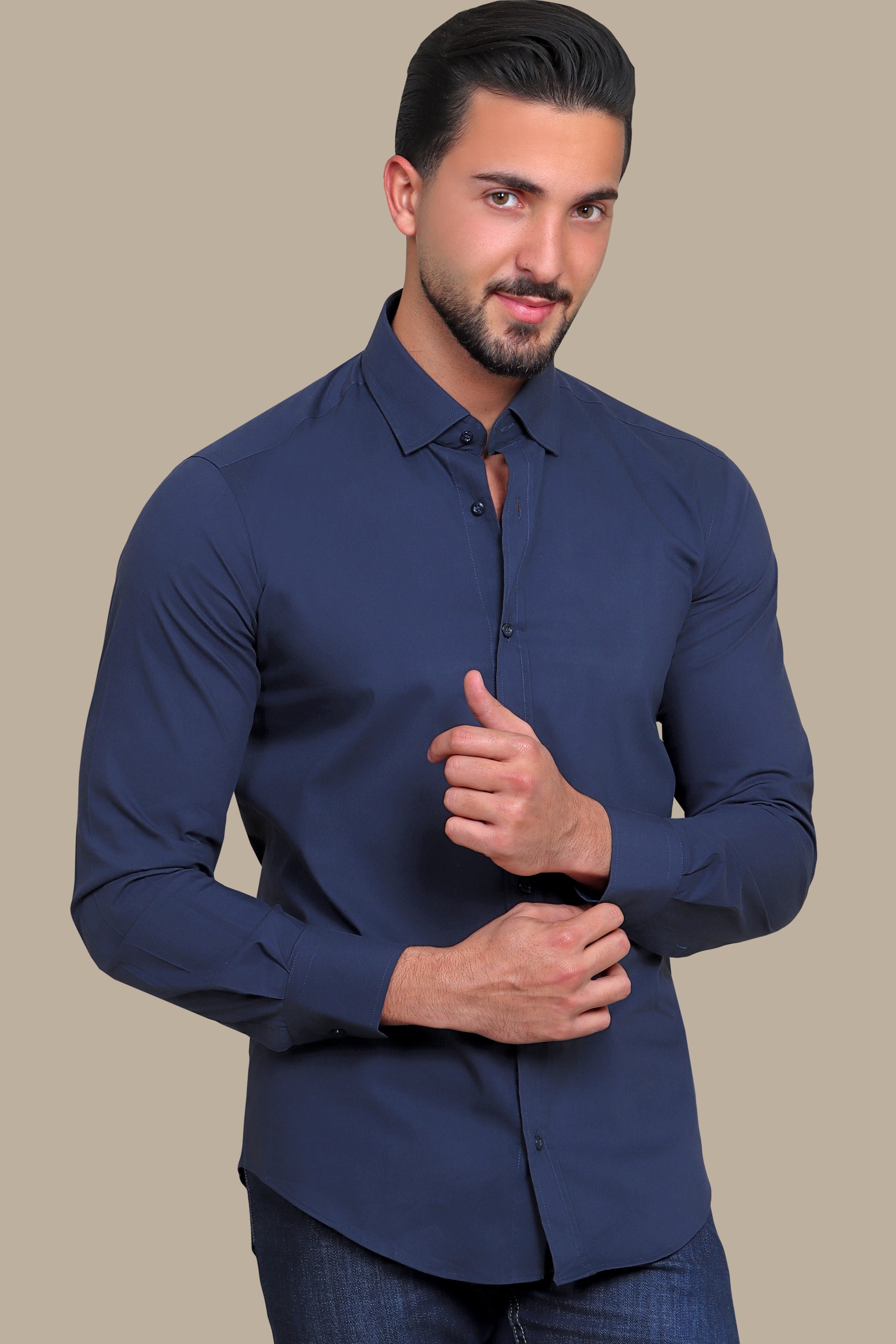 Navy Sophistication: Lycra Plain Shirt for Effortless Elegance