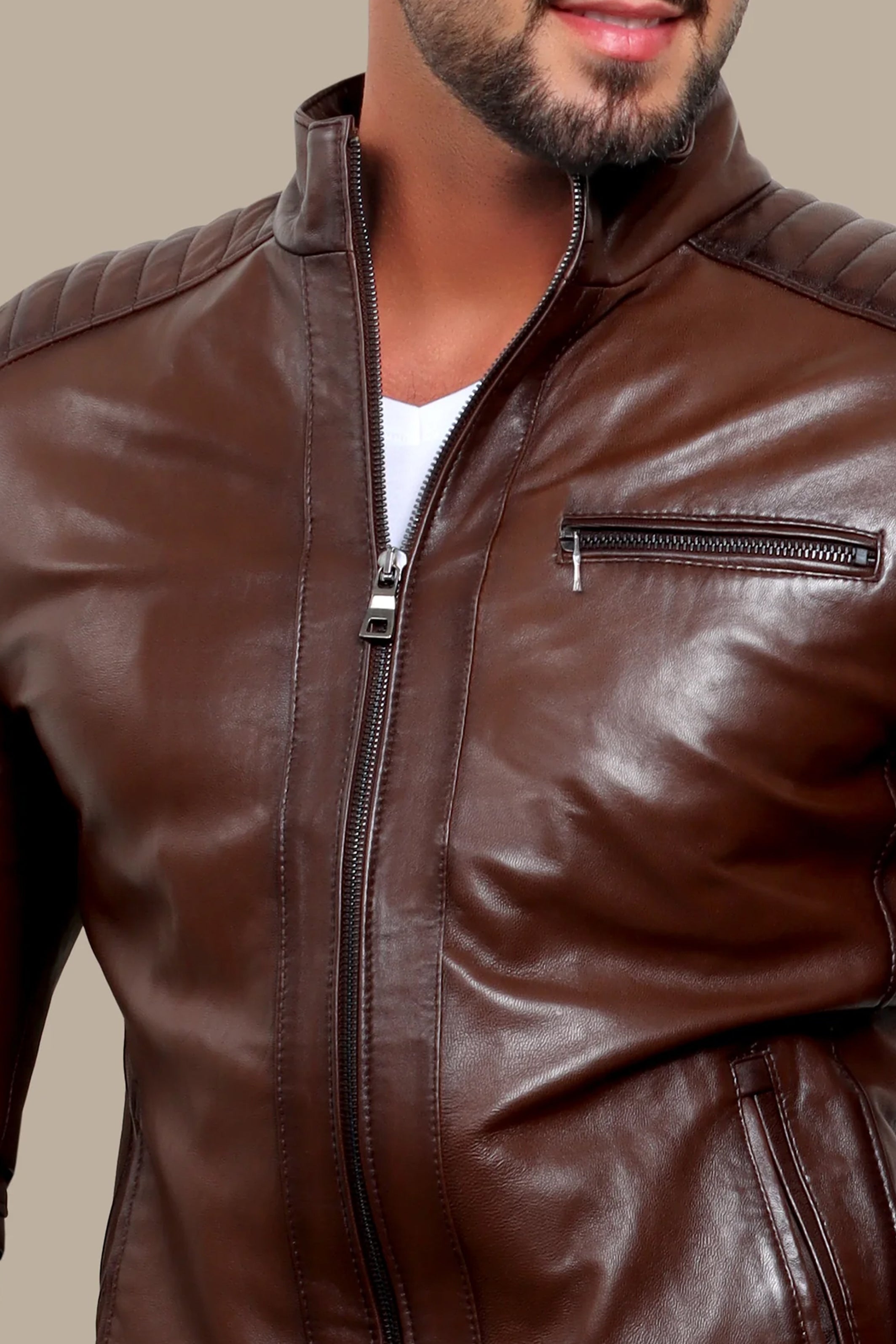 Brown Leather Mao Jacket with Triple Zipper Design