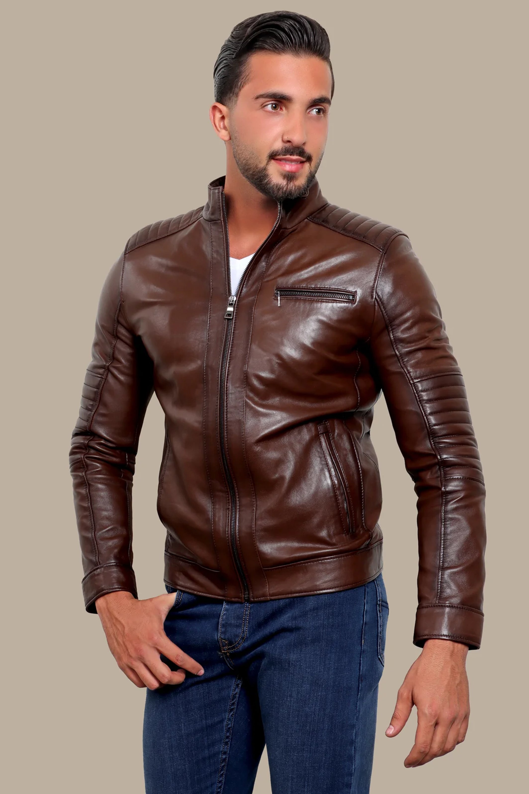 Brown Leather Mao Jacket with Triple Zipper Design