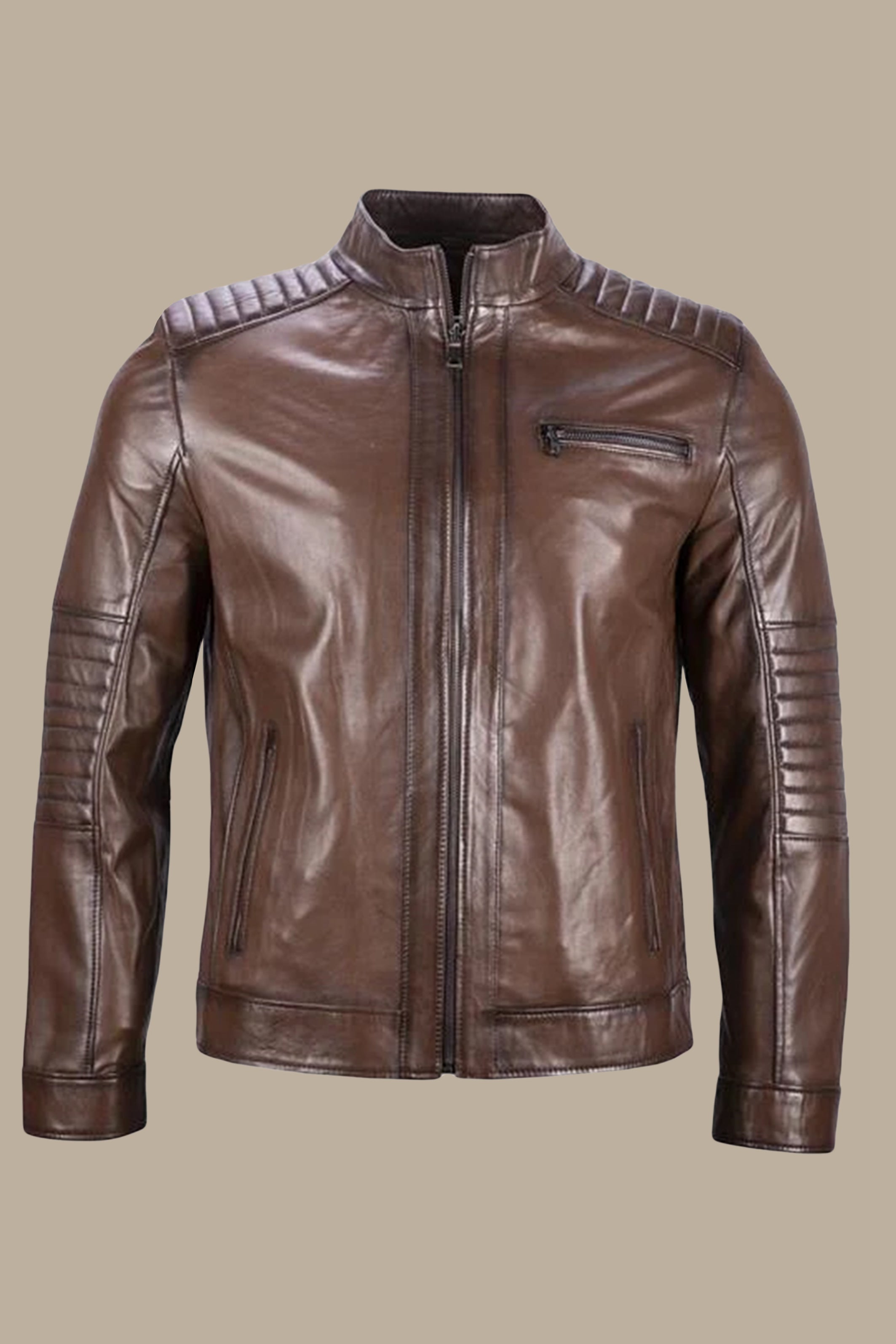 Brown Leather Mao Jacket with Triple Zipper Design