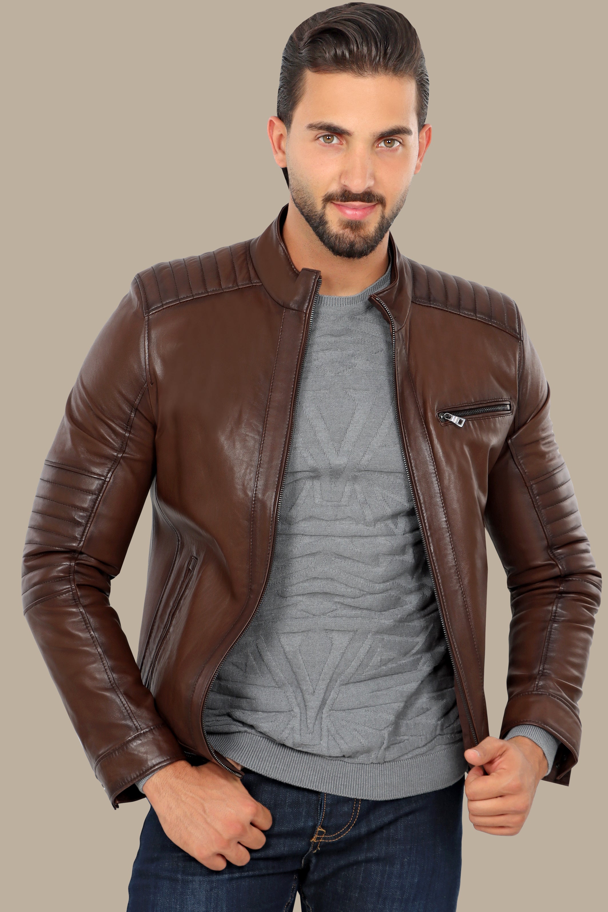 Brown Leather Mao Jacket with Triple Zipper Design