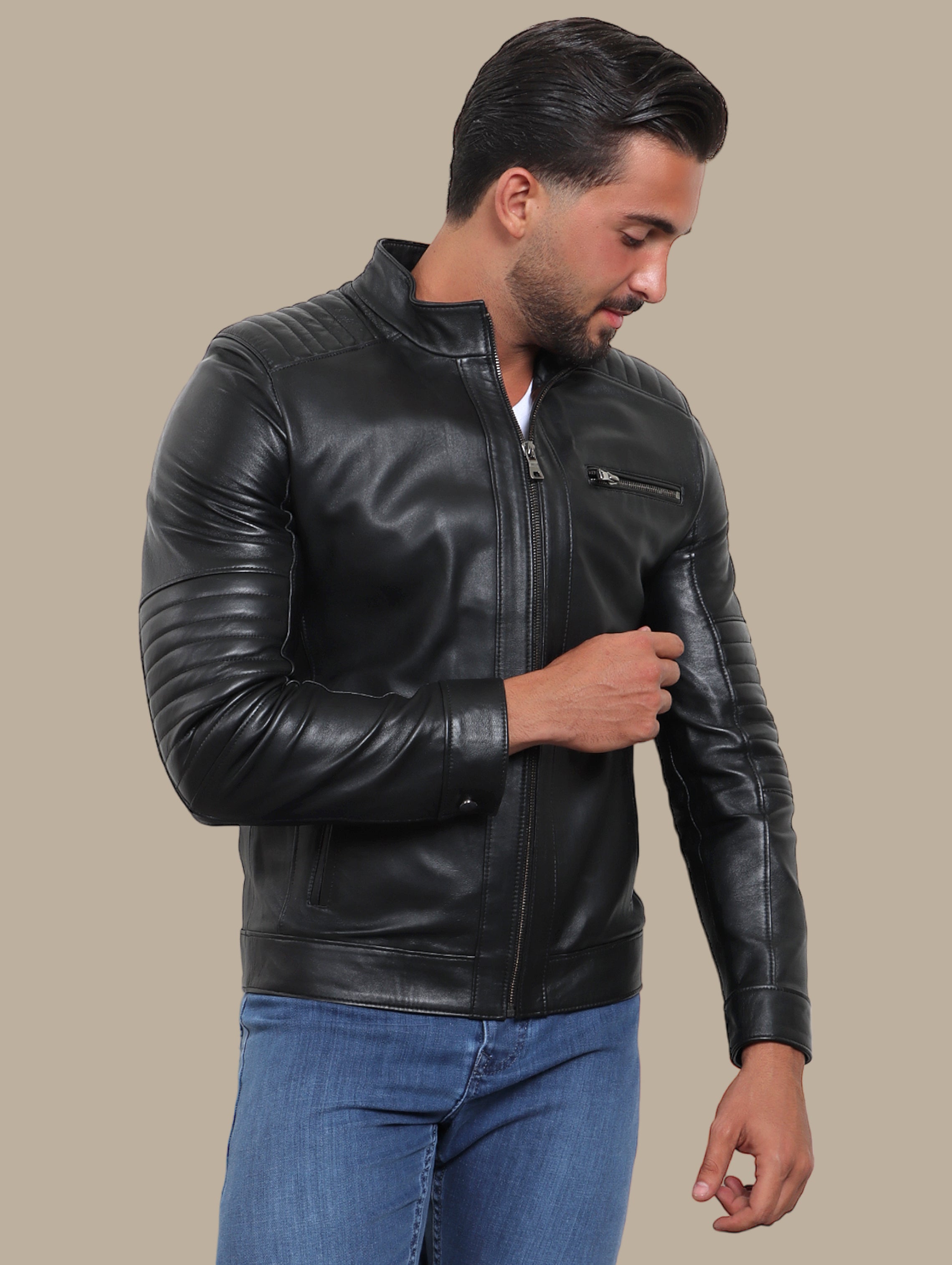 Black Leather Jacket with Mao Collar and Triple Zipper Design