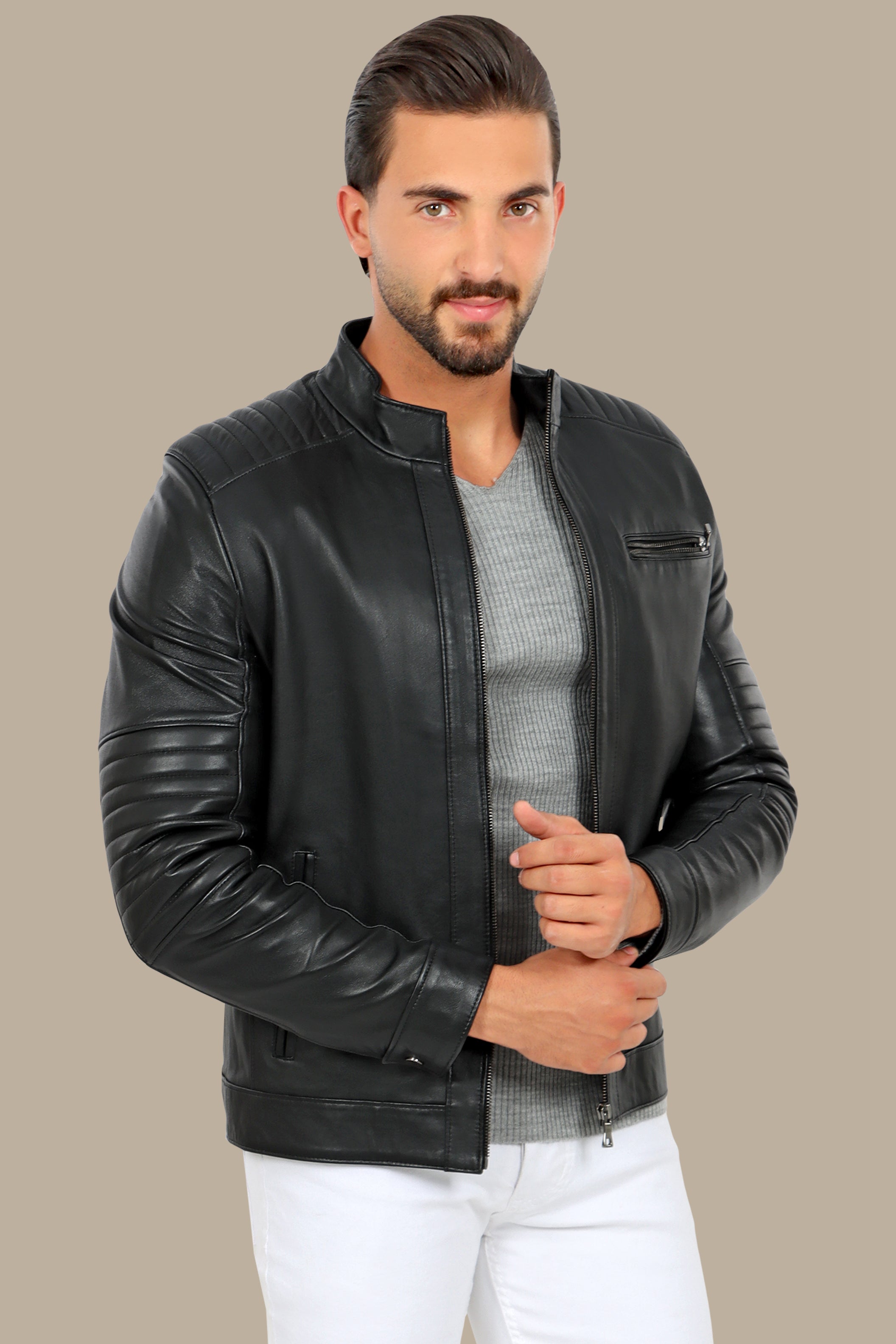 Black Leather Jacket with Mao Collar and Triple Zipper Design