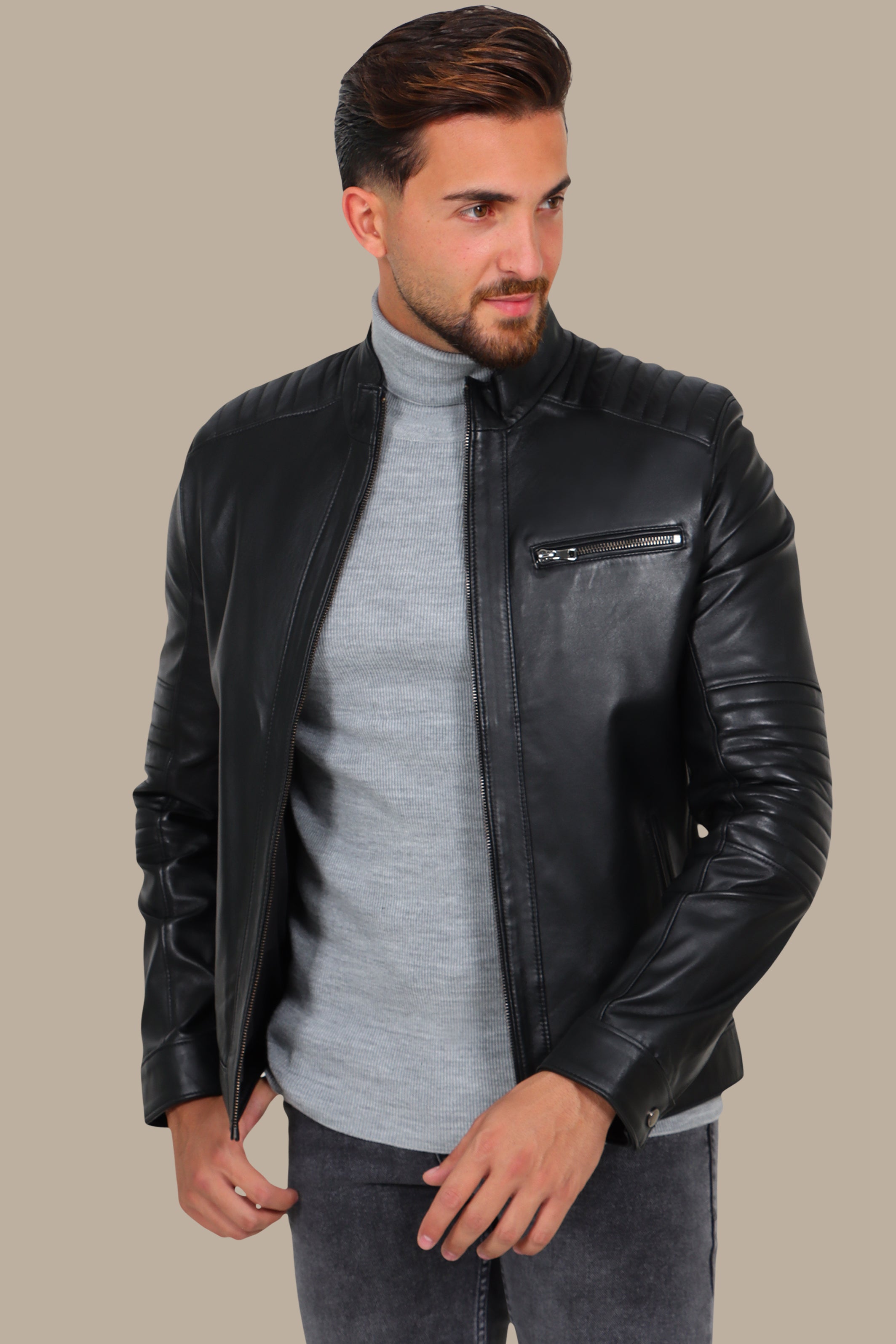 Black Leather Jacket with Mao Collar and Triple Zipper Design