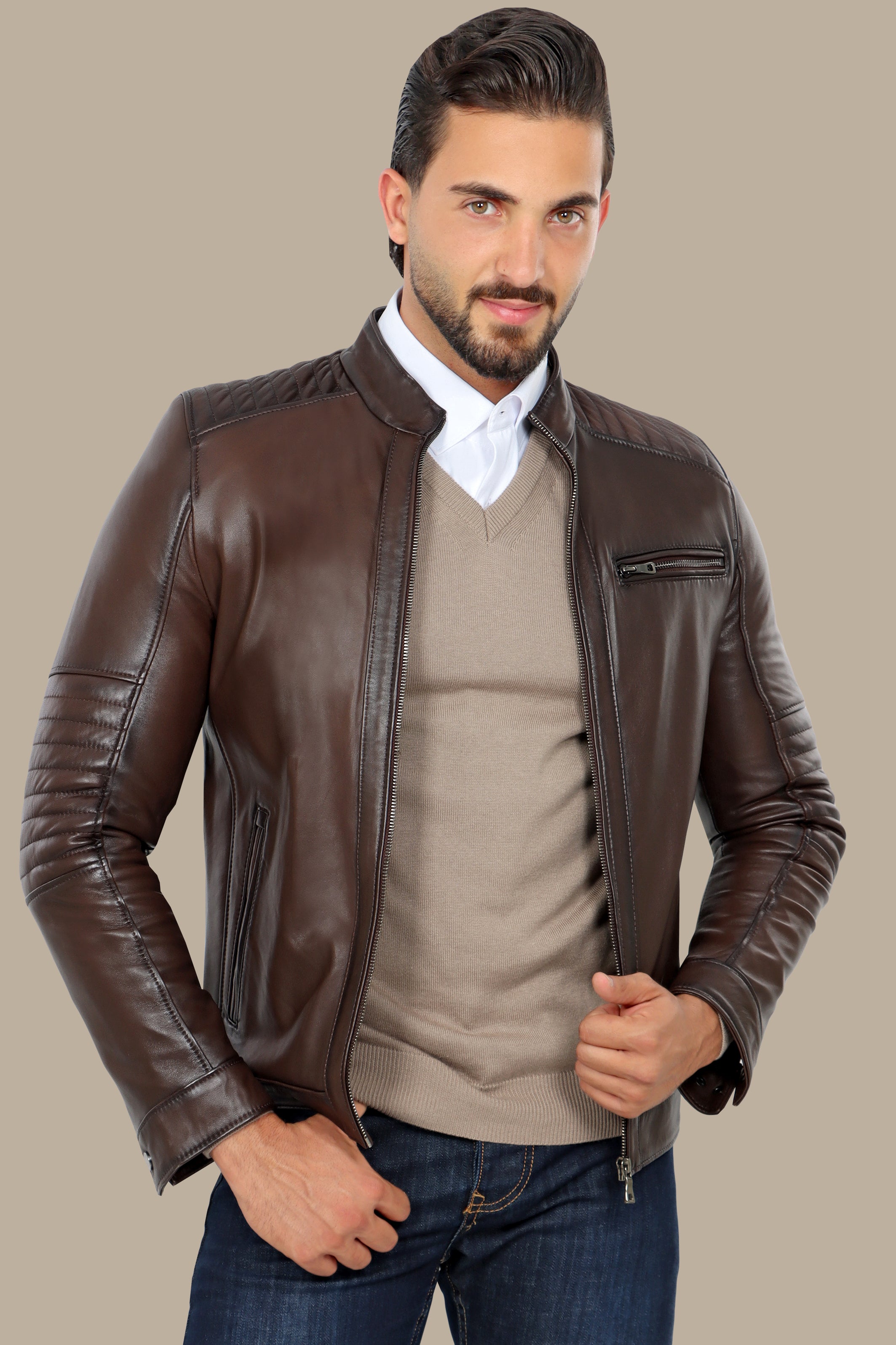 Triple-Zip brown Leather Collarless Jacket