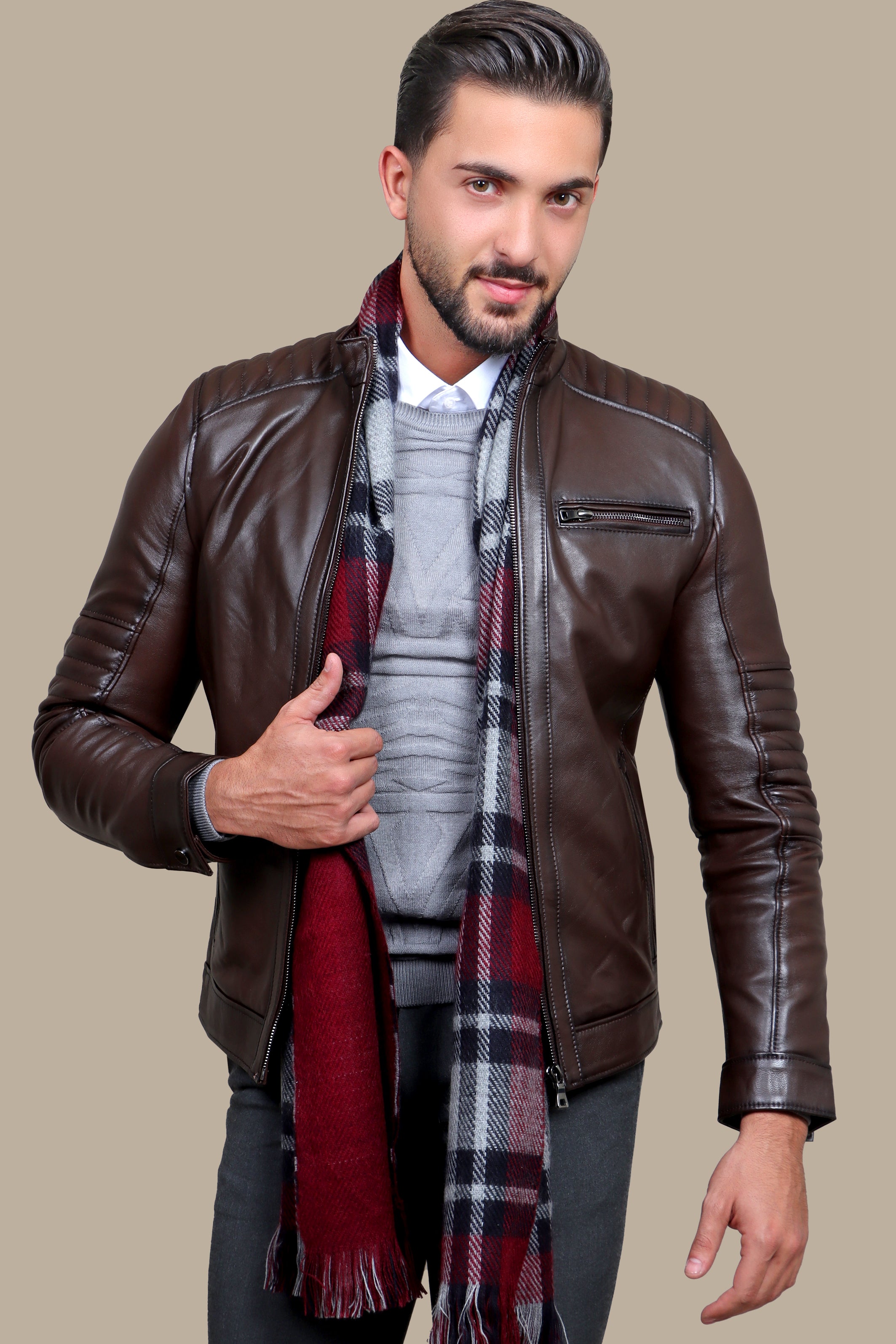 Triple-Zip brown Leather Collarless Jacket