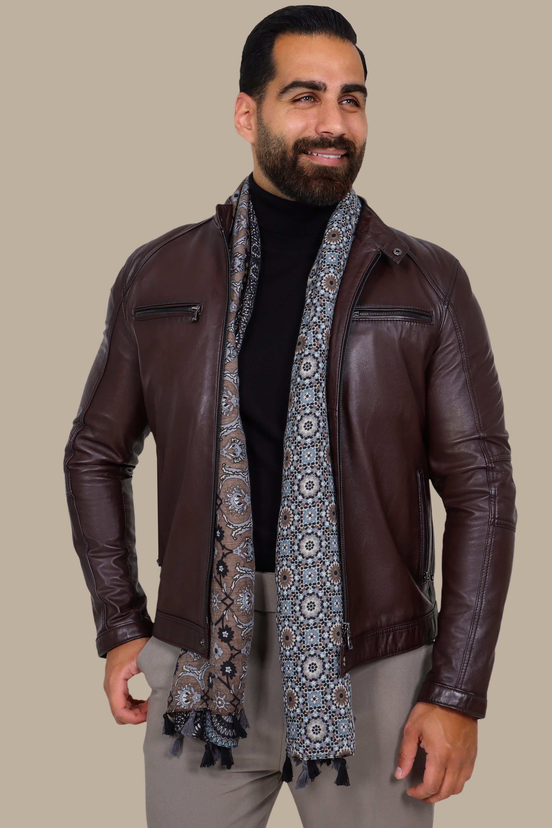 Burgundy Leather Jacket with Mao Collar