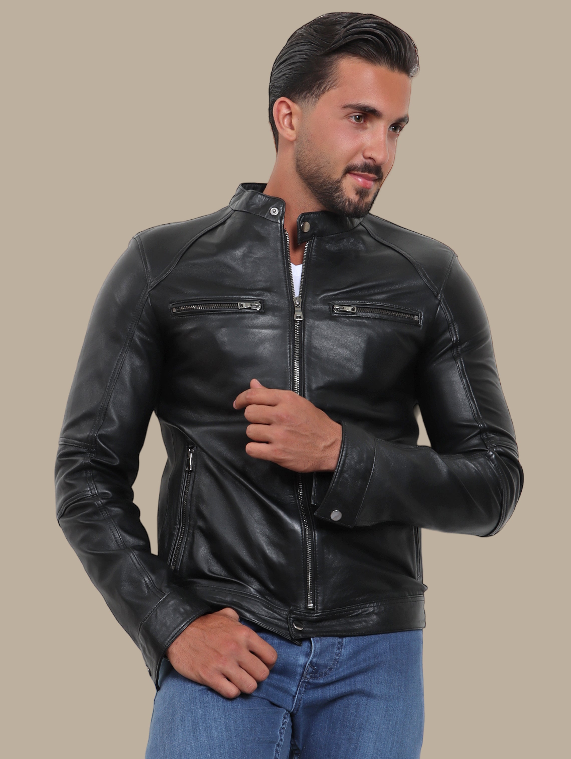 Jacket Real Leather Col Mao 4 Zippers | Black