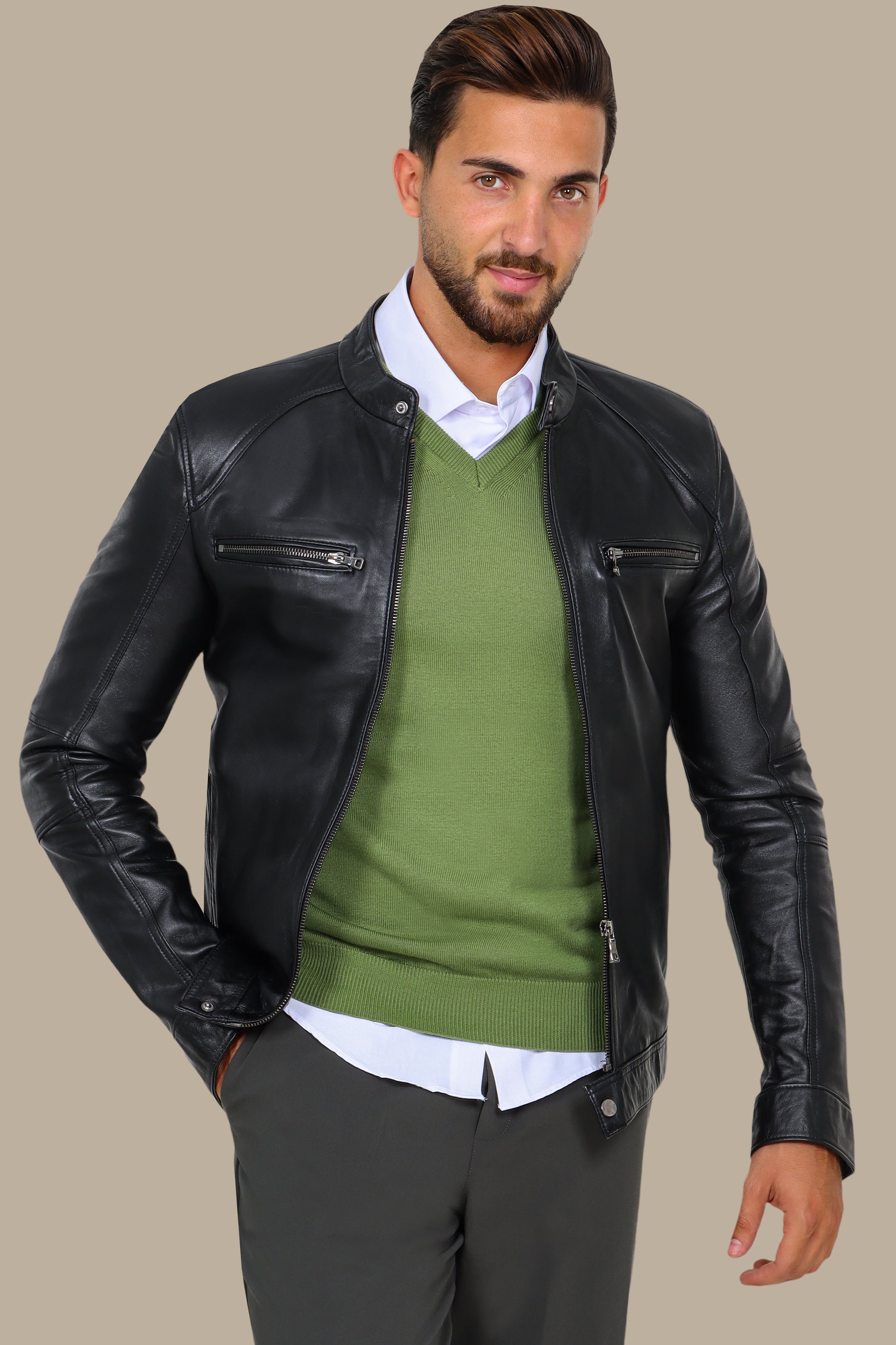 Black Leather Mao-Collar Jacket with Four Zippers