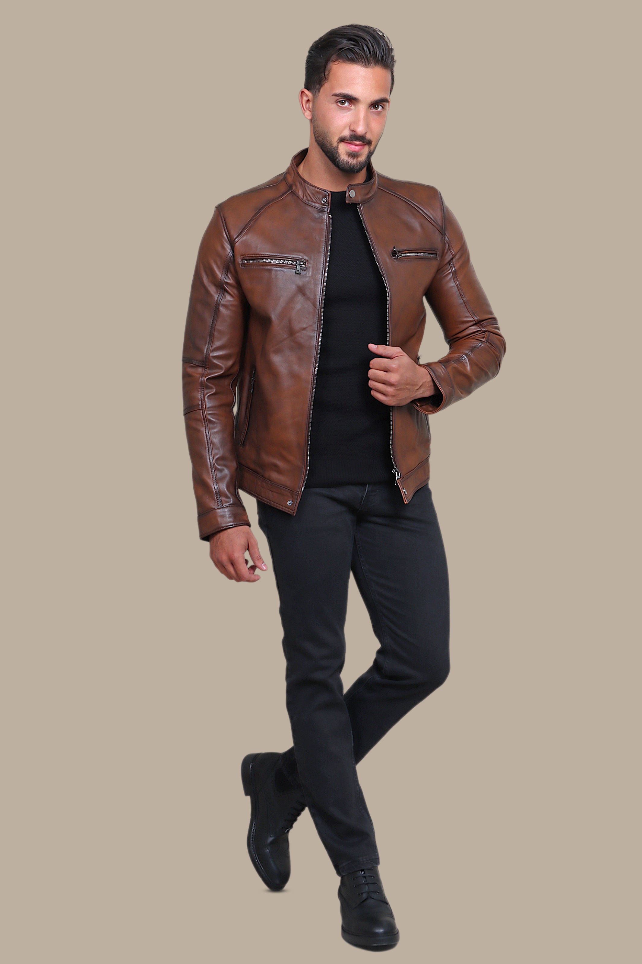 Havane Leather Collar Jacket with Four Zippers