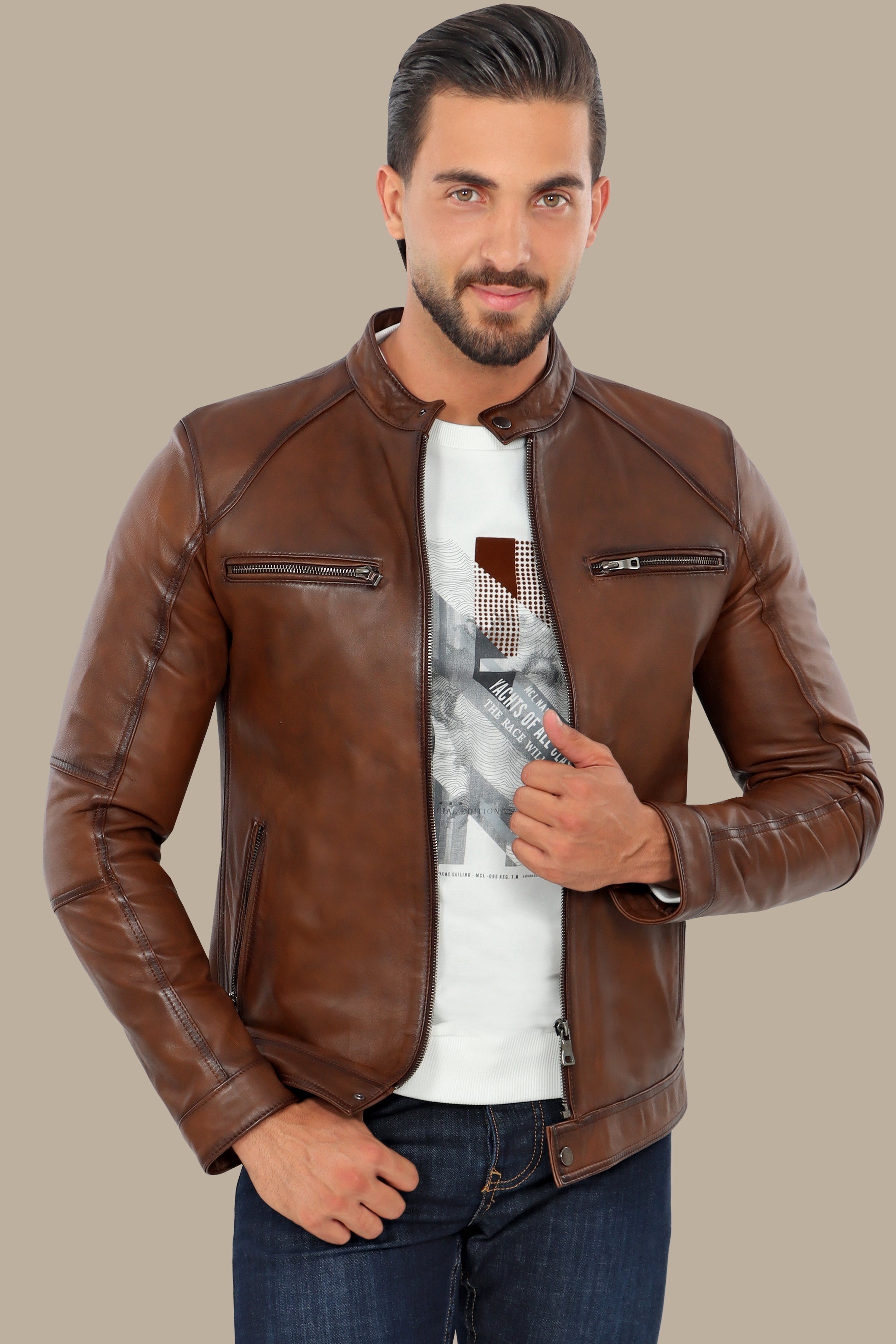 Havane Leather Collar Jacket with Four Zippers