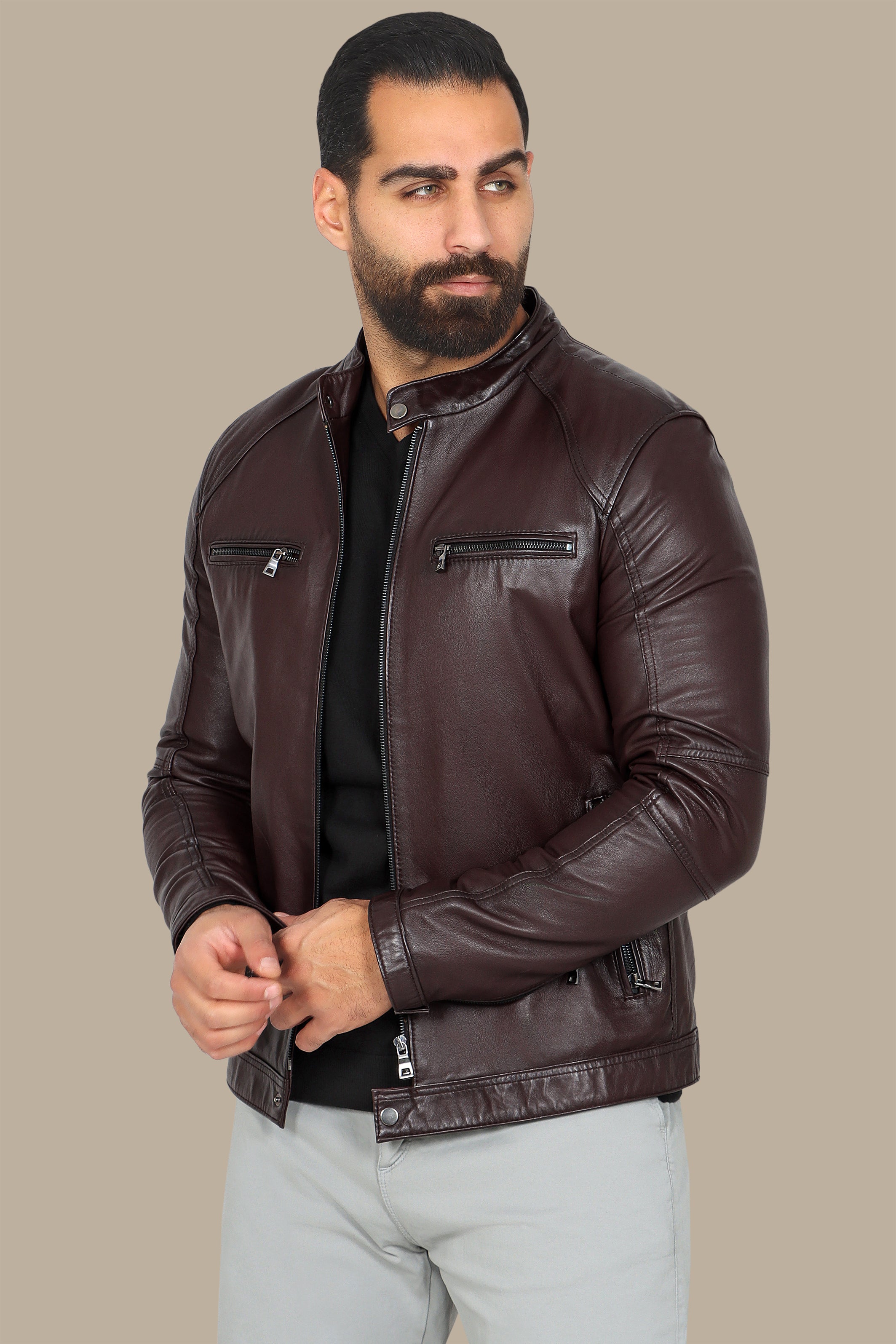 Burgundy Blaze: Leather Collar Jacket with Quadruple Zippers