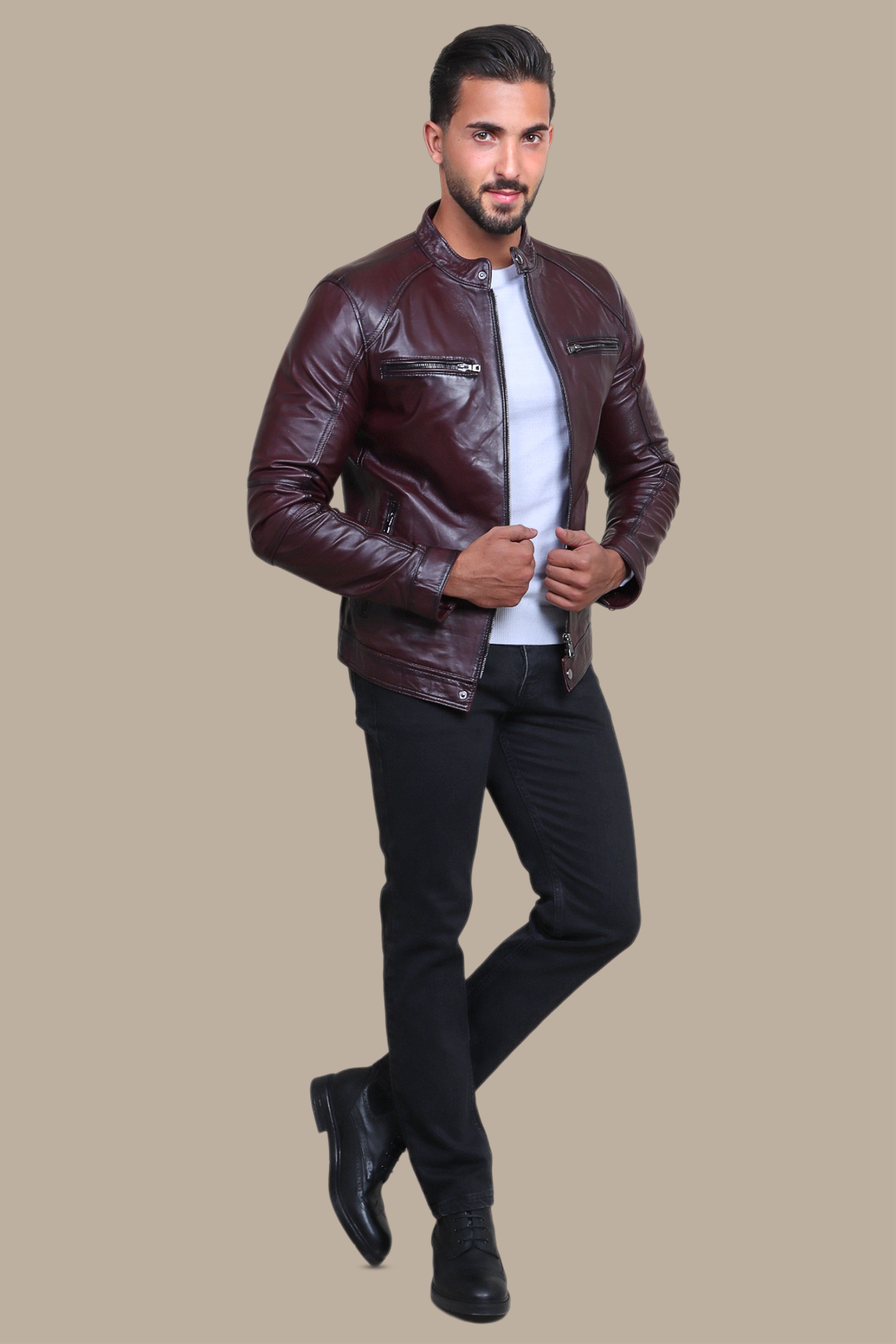 Burgundy Blaze: Leather Collar Jacket with Quadruple Zippers