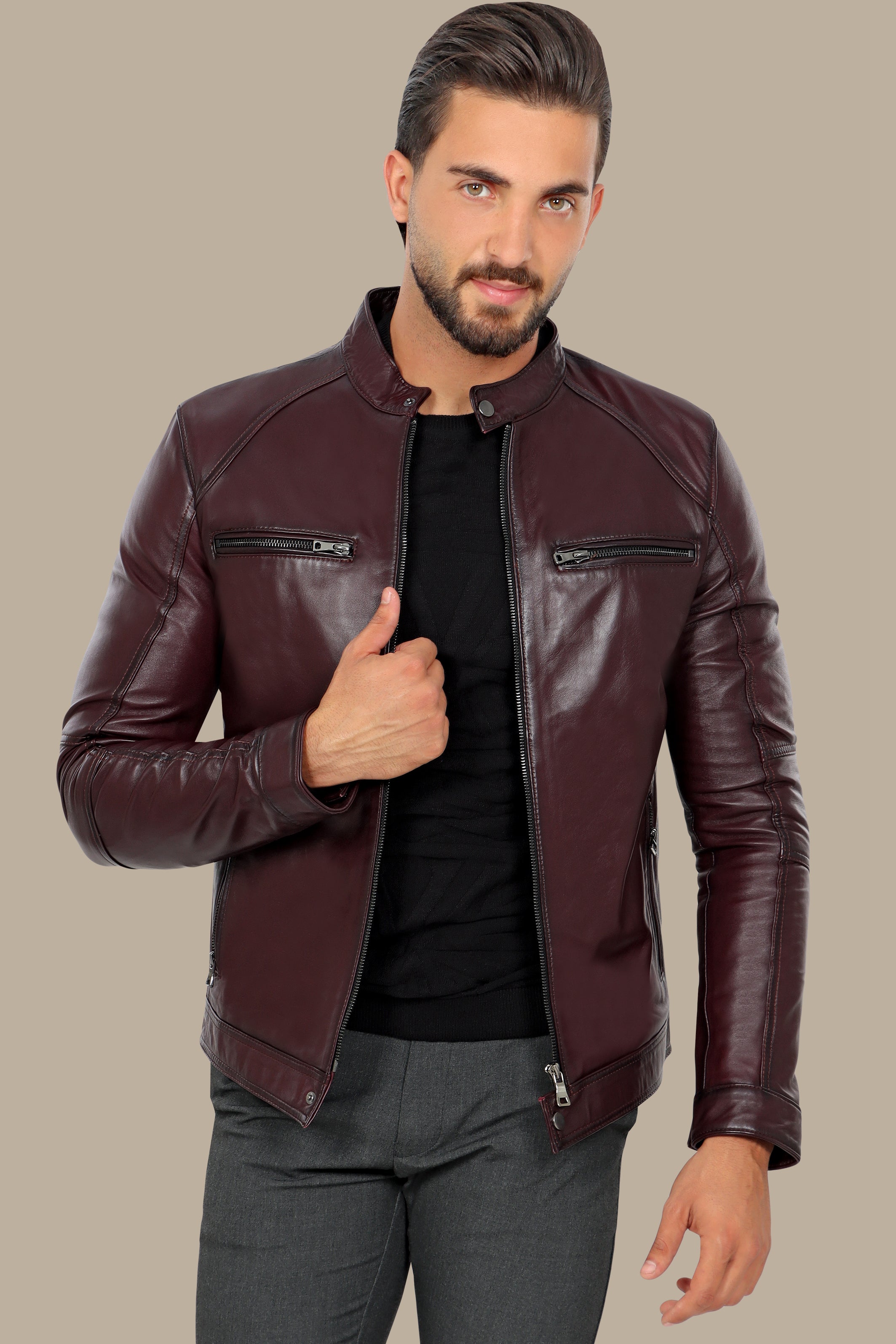 Burgundy Blaze: Leather Collar Jacket with Quadruple Zippers