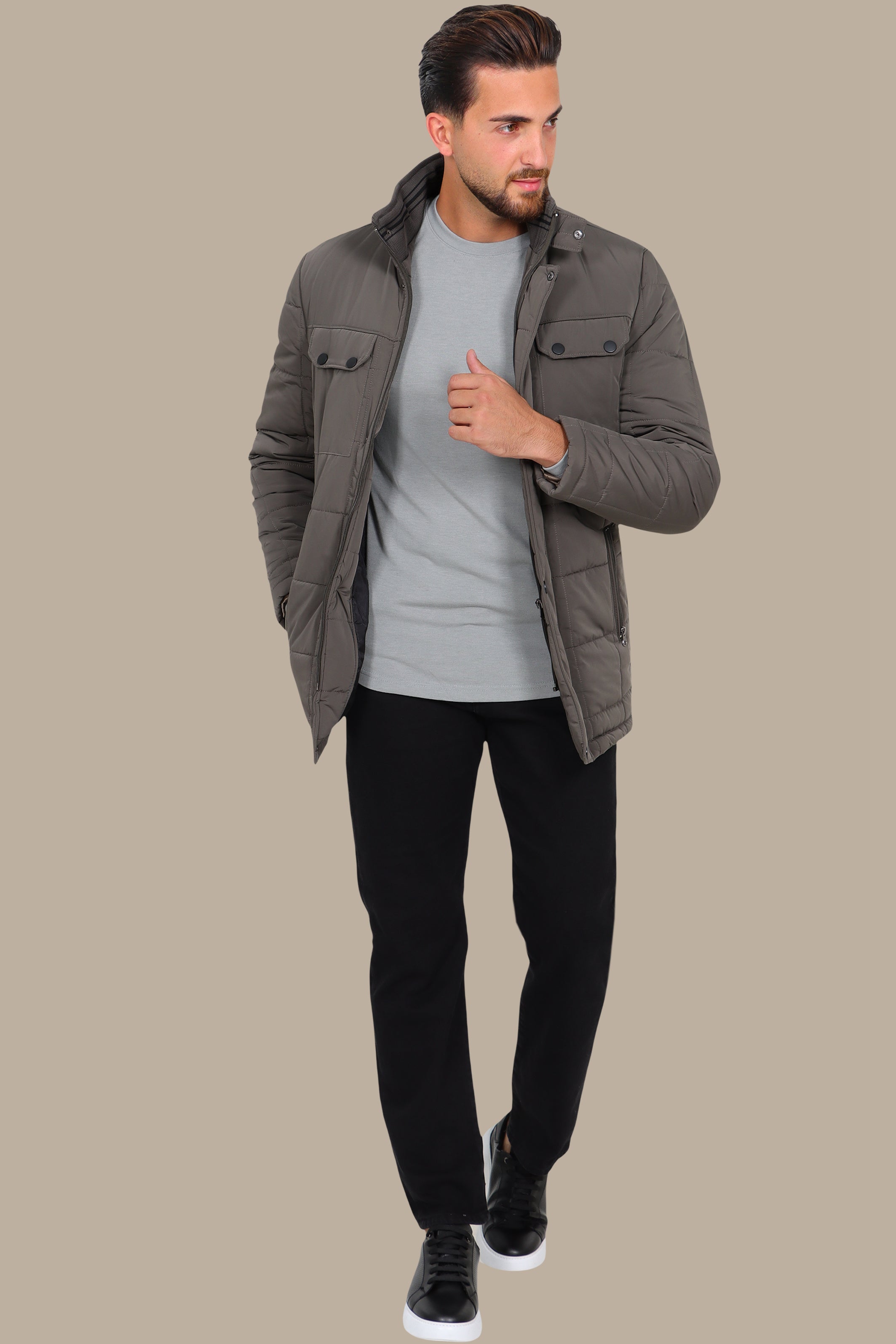 Khaki Quilt: Puffer Jacket with Flap Pockets for Urban Chic