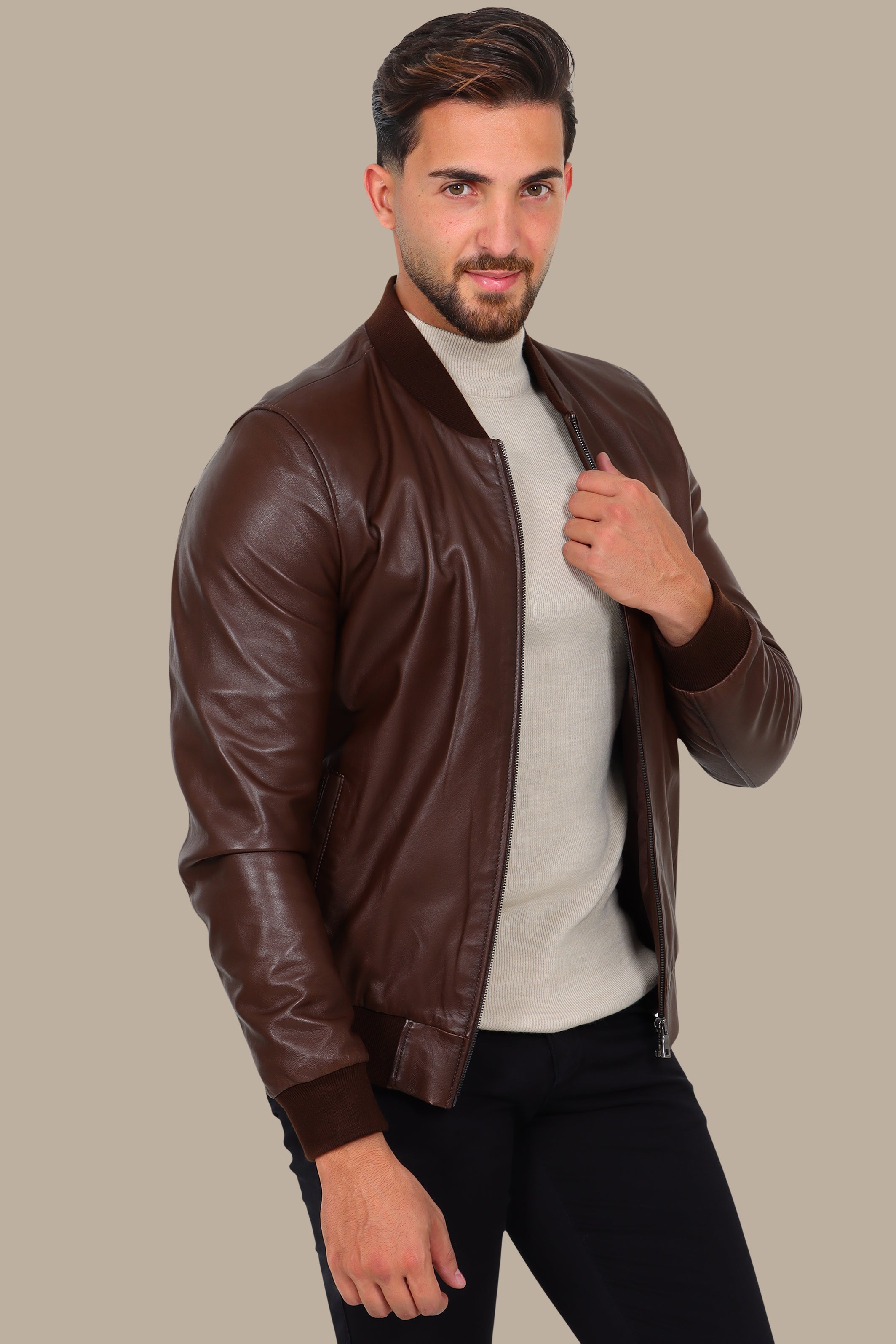 Brown Real Leather Basic Col Mao Jacket