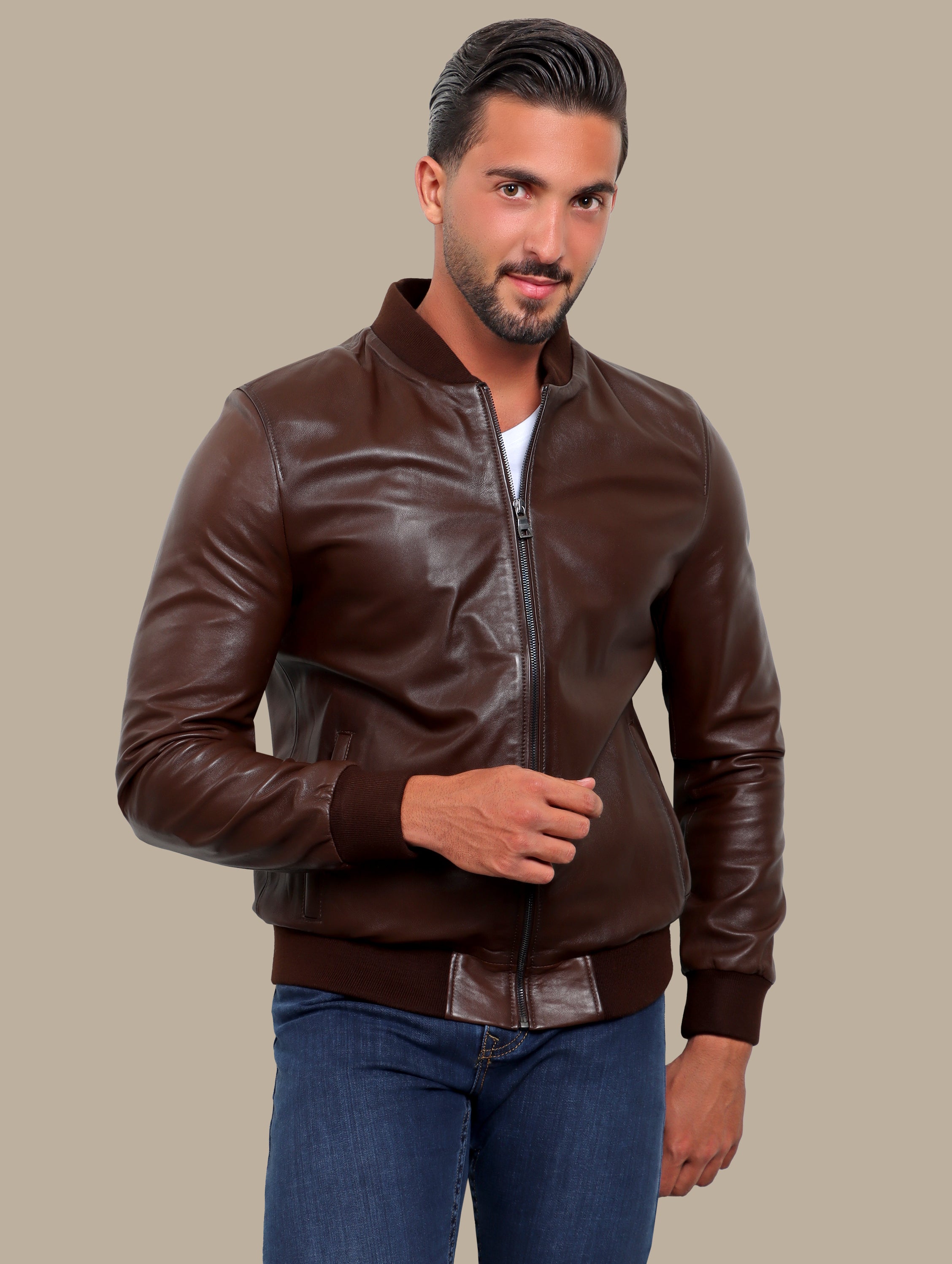 Brown Real Leather Basic Col Mao Jacket