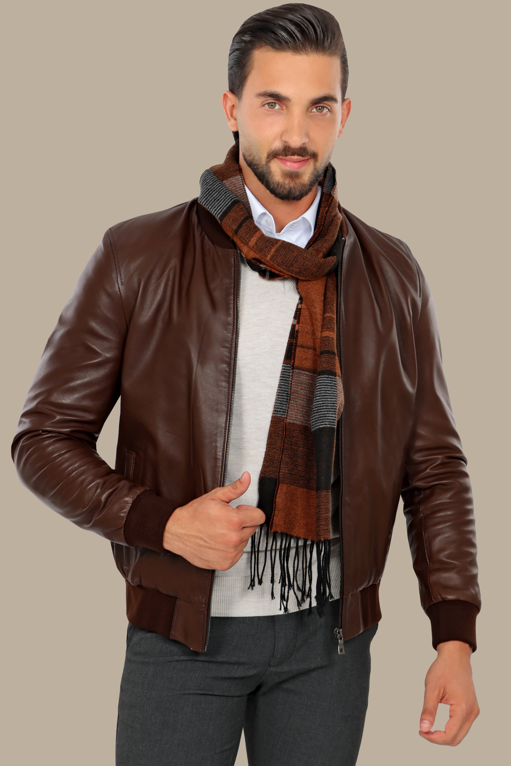 Brown Real Leather Basic Col Mao Jacket